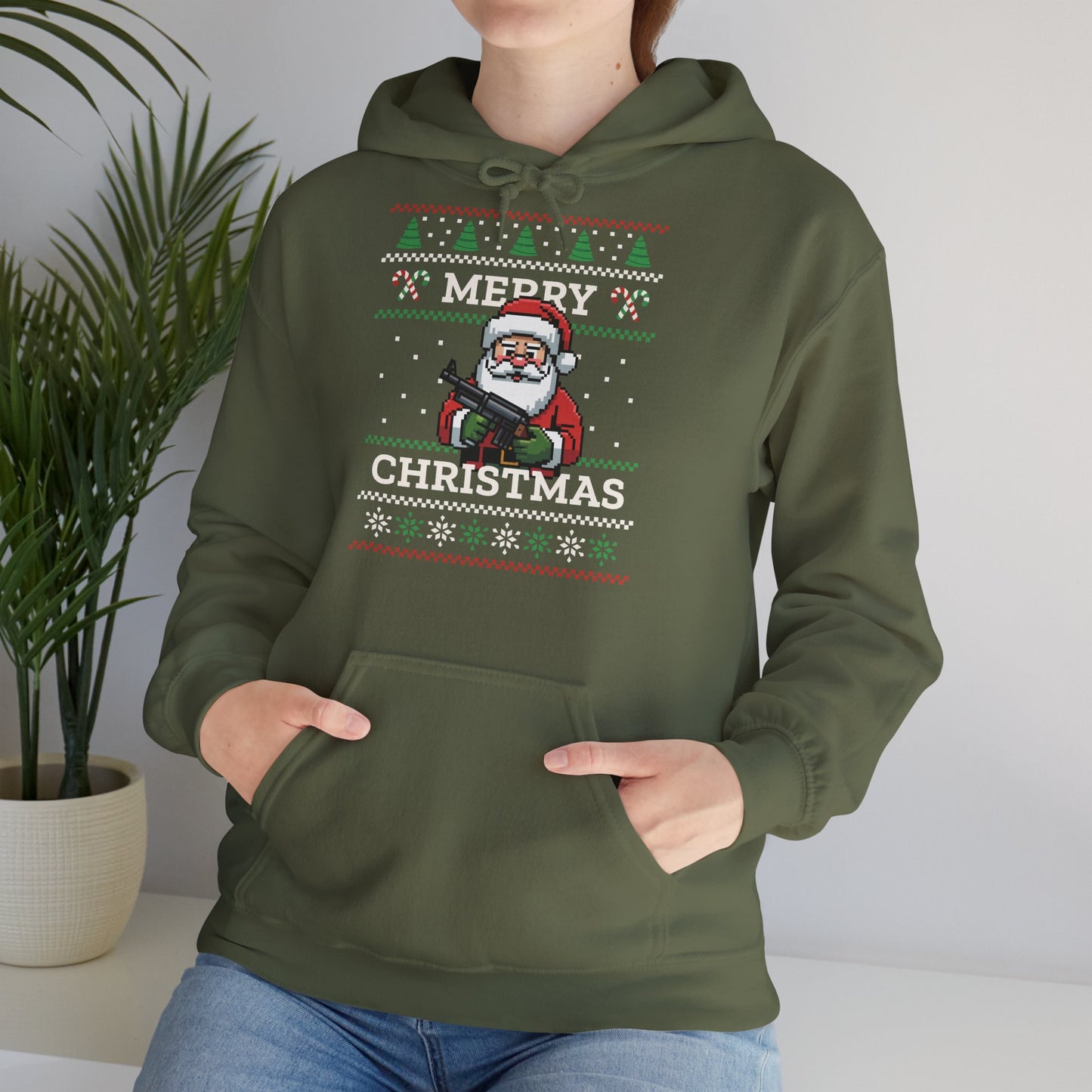 Pixel Santa Hoodie Merry Christmas Ugly Sweater Style Unisex Xmas Pullover Funny Holiday