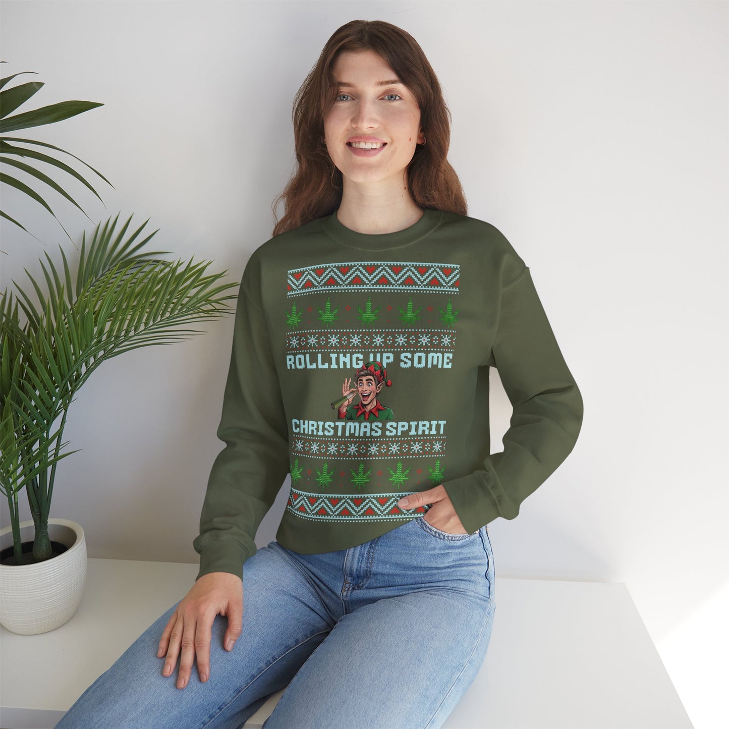 Rolling Up Some Christmas Spirit Sweater Funny Xmas Cannabis Ugly Sweater Style Unisex