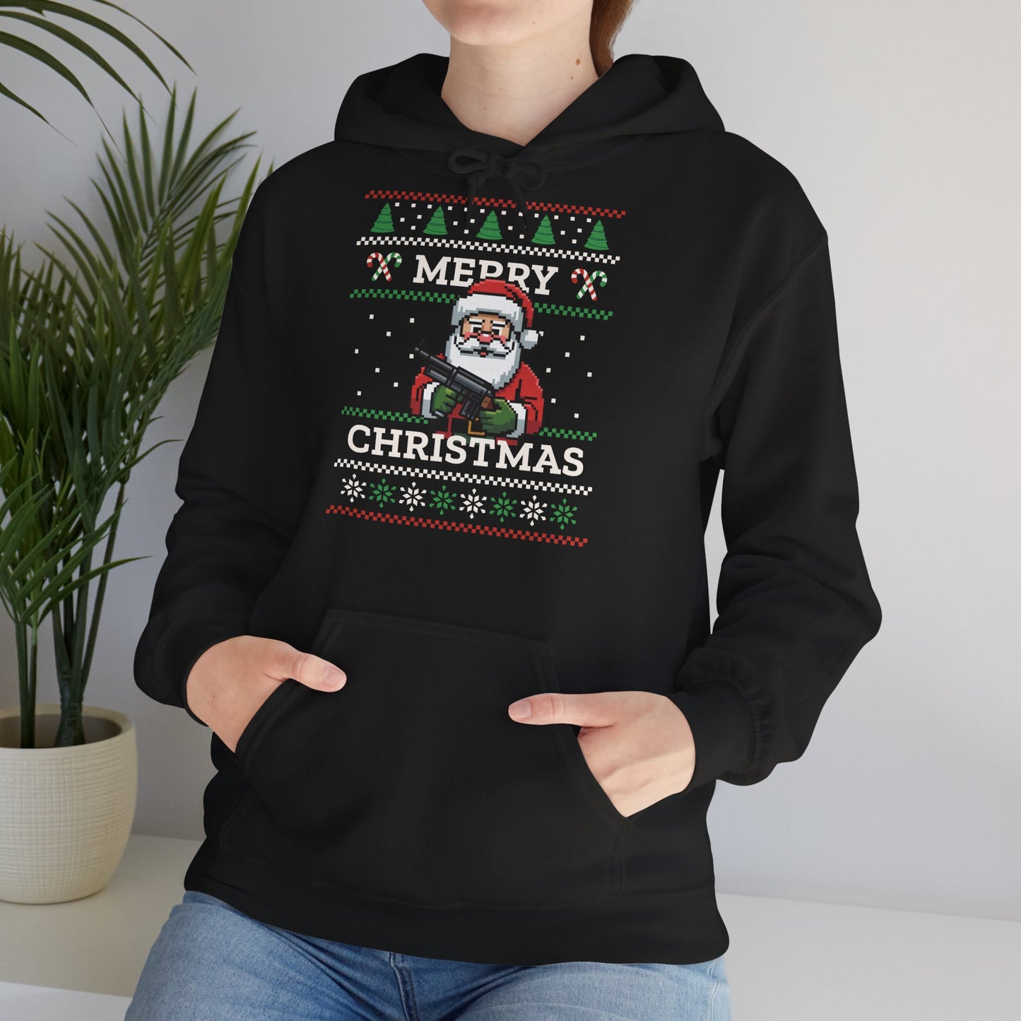 Pixel Santa Hoodie Merry Christmas Ugly Sweater Style Unisex Xmas Pullover Funny Holiday