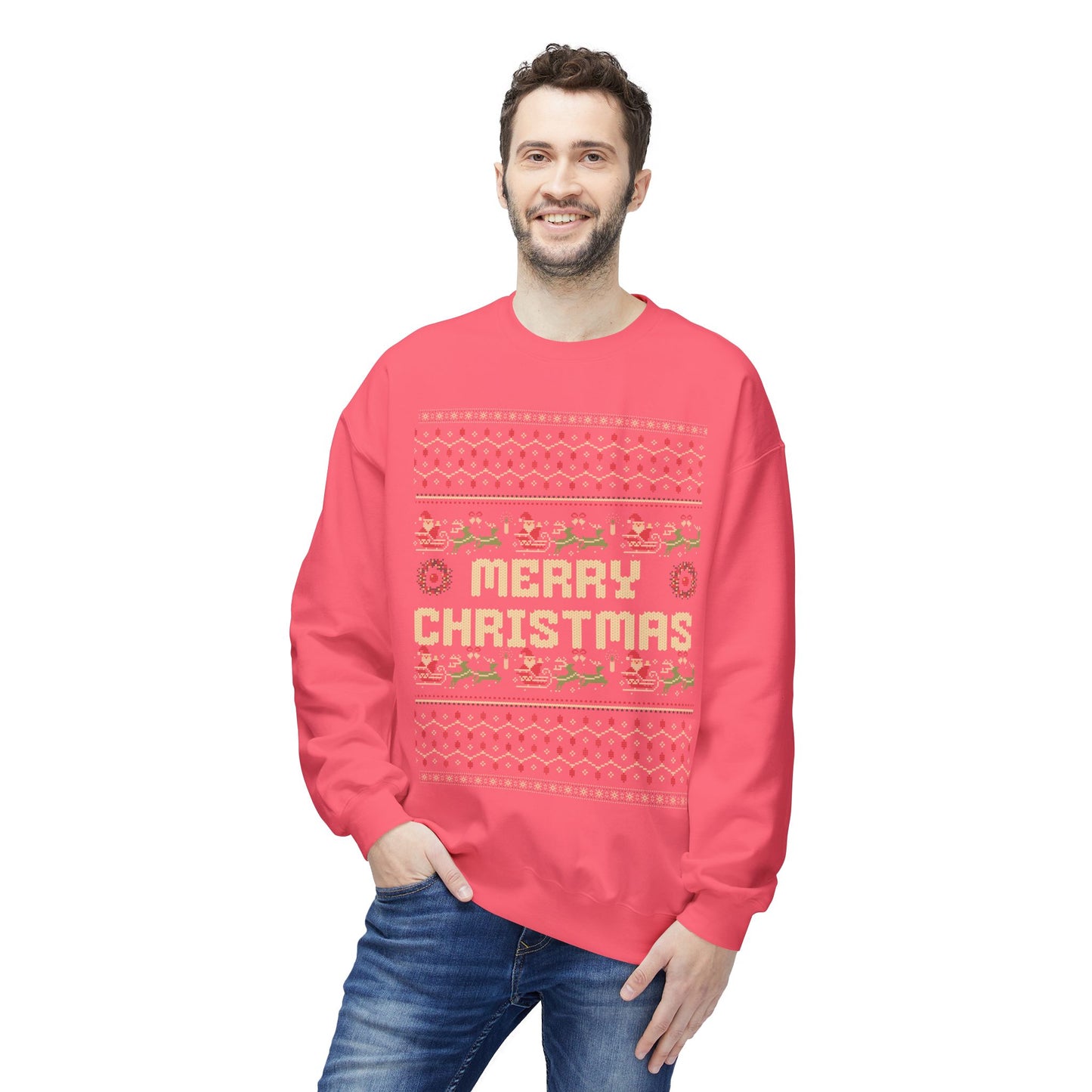 Merry Christmas Pixel Sweater – Retro Ugly Christmas Pullover | Santa & Reindeer Knit Style