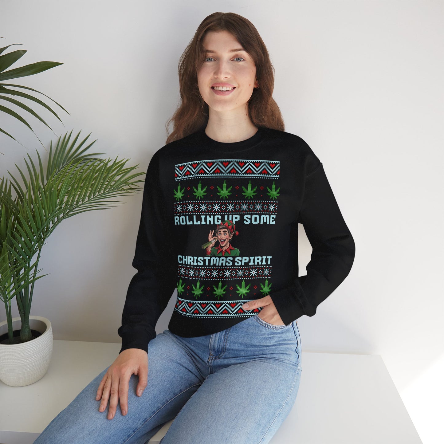 Rolling Up Some Christmas Spirit Sweater Funny Xmas Cannabis Ugly Sweater Style Unisex
