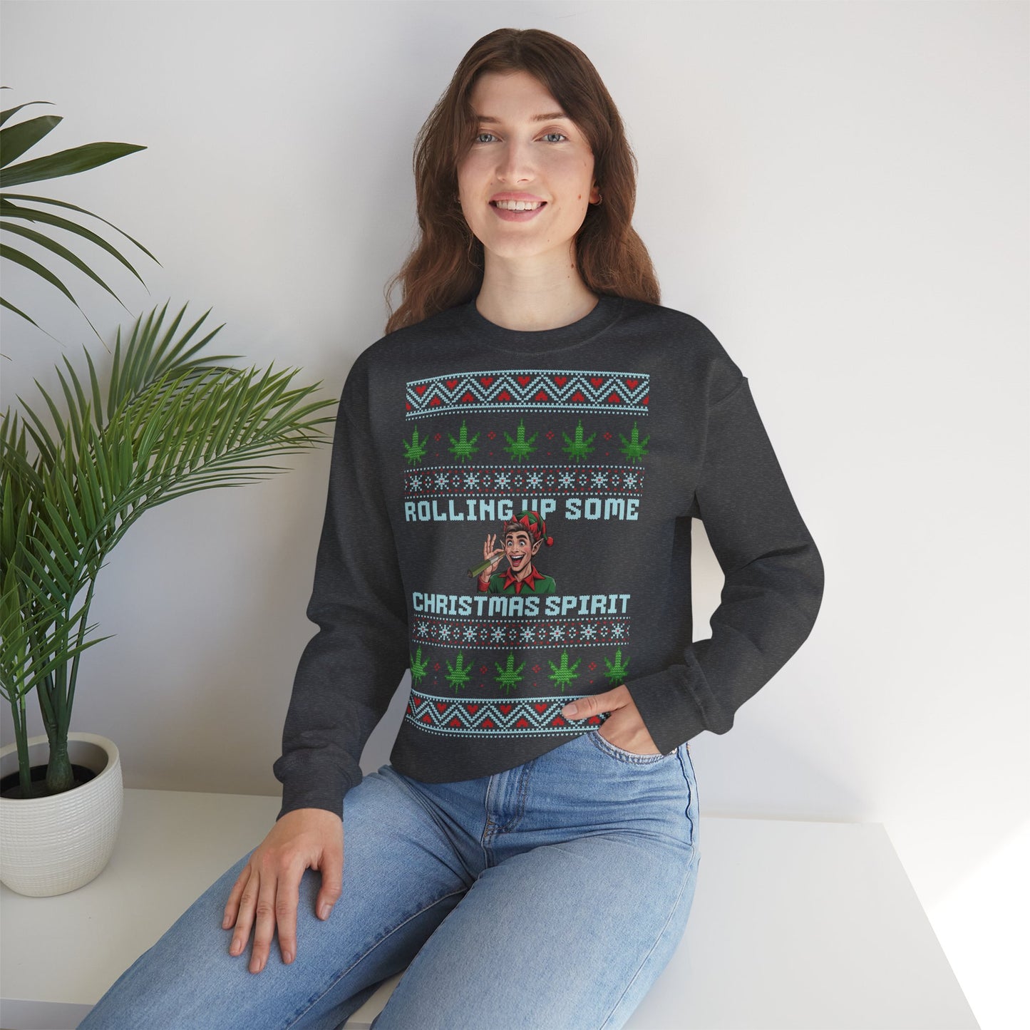 Rolling Up Some Christmas Spirit Sweater Funny Xmas Cannabis Ugly Sweater Style Unisex