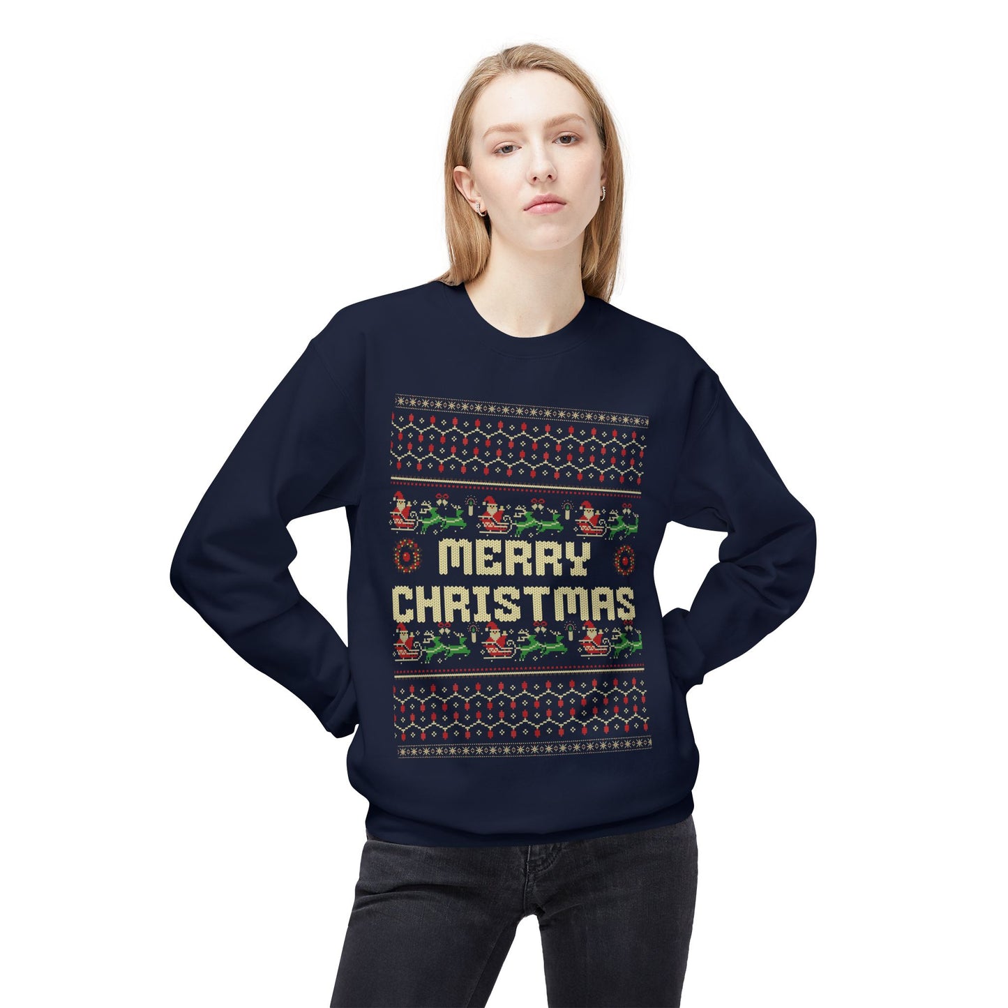 Merry Christmas Pixel Sweater – Retro Ugly Christmas Pullover | Santa & Reindeer Knit Style