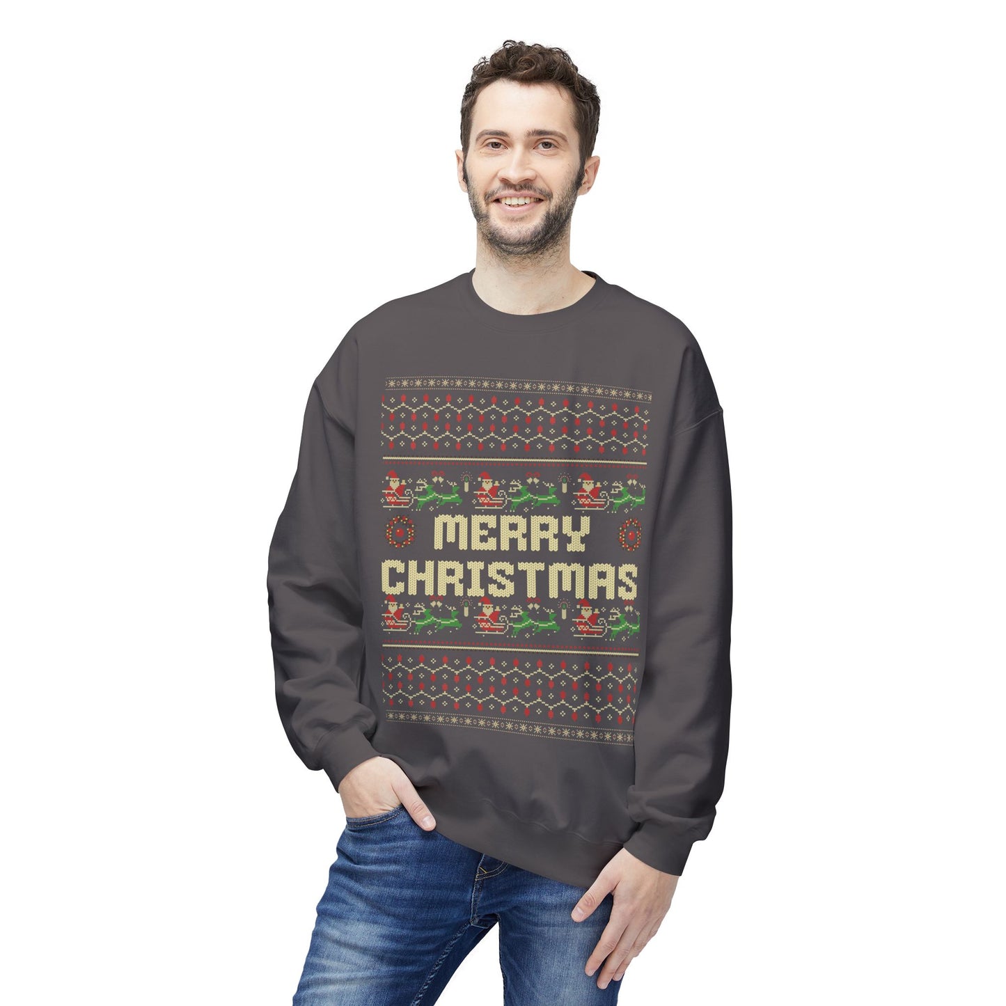 Merry Christmas Pixel Sweater – Retro Ugly Christmas Pullover | Santa & Reindeer Knit Style