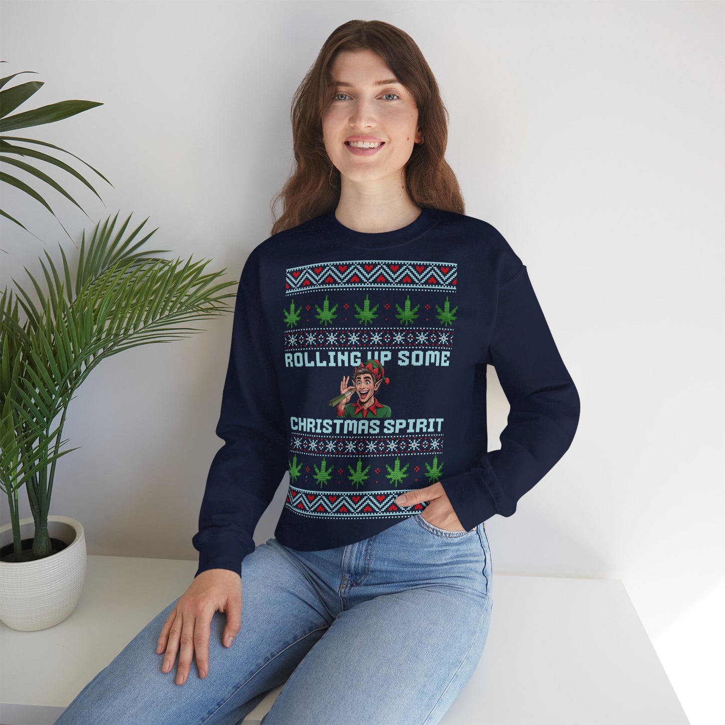 Rolling Up Some Christmas Spirit Sweater Funny Xmas Cannabis Ugly Sweater Style Unisex