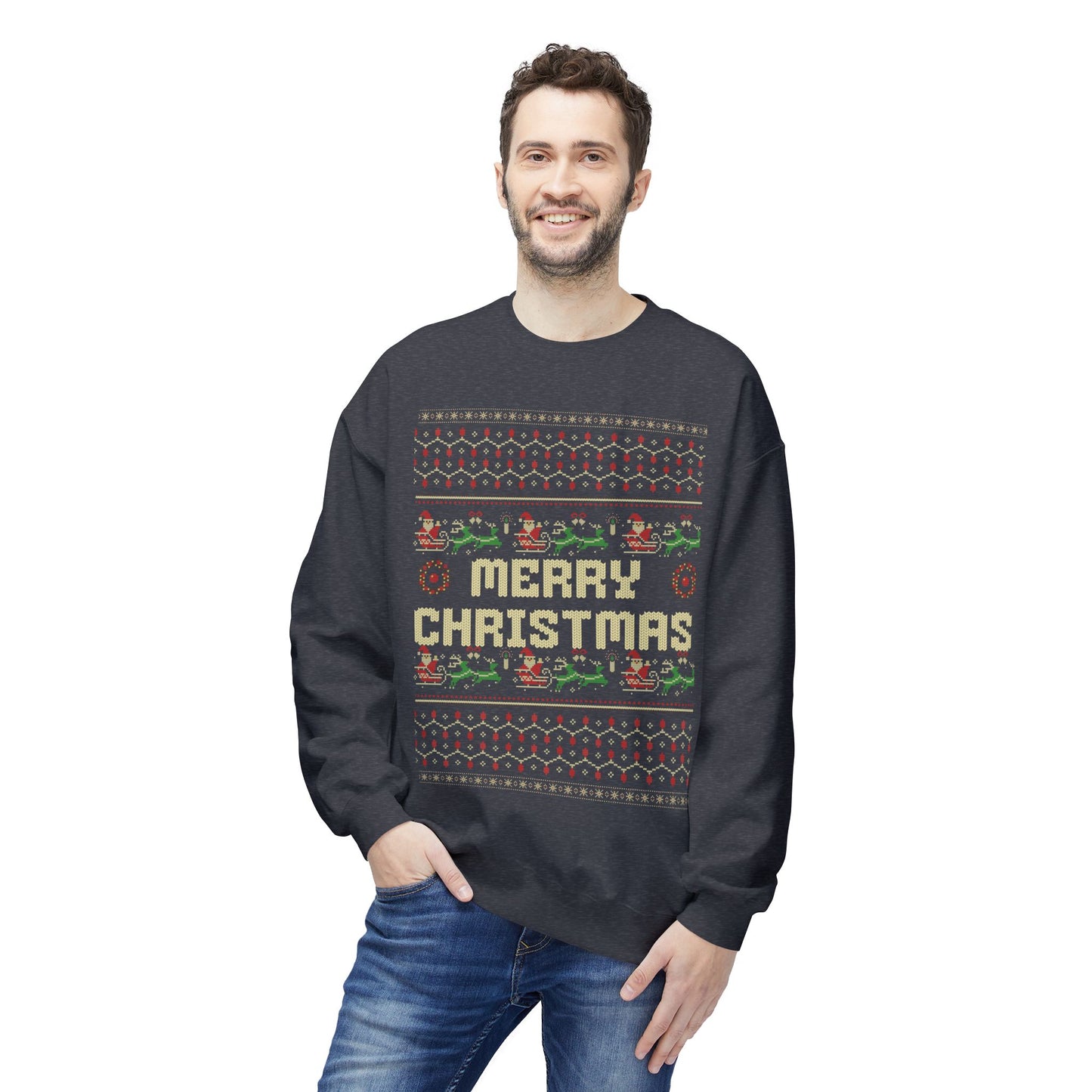 Merry Christmas Pixel Sweater – Retro Ugly Christmas Pullover | Santa & Reindeer Knit Style