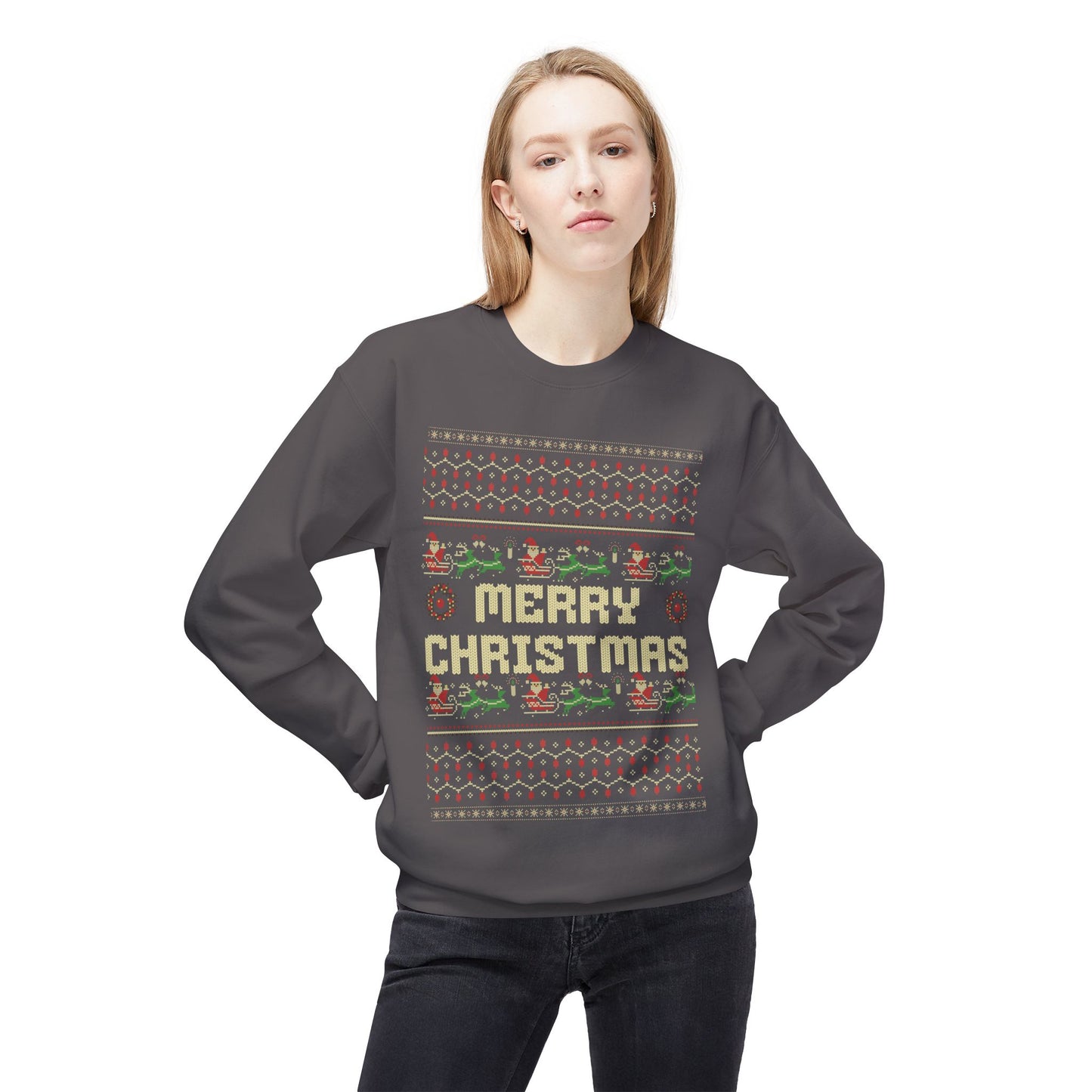 Merry Christmas Pixel Sweater – Retro Ugly Christmas Pullover | Santa & Reindeer Knit Style