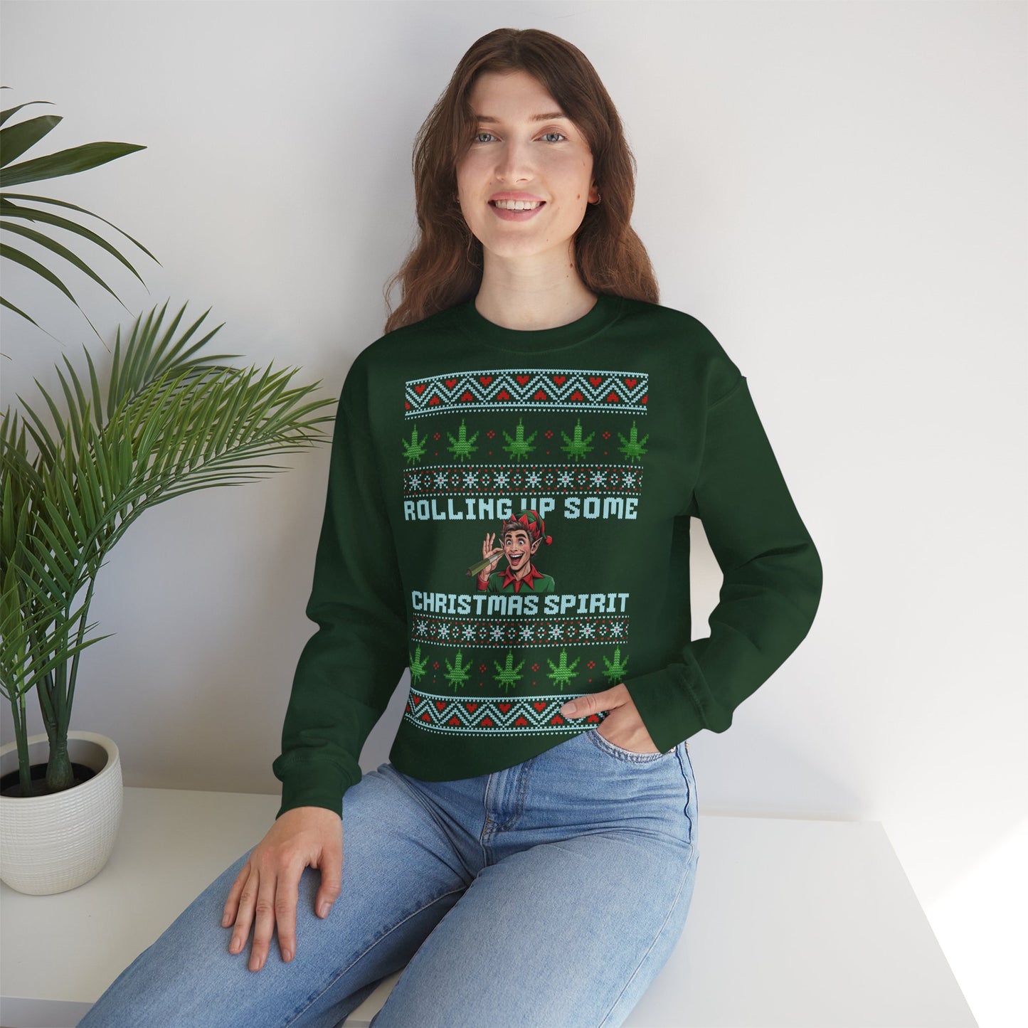 Rolling Up Some Christmas Spirit Sweater Funny Xmas Cannabis Ugly Sweater Style Unisex