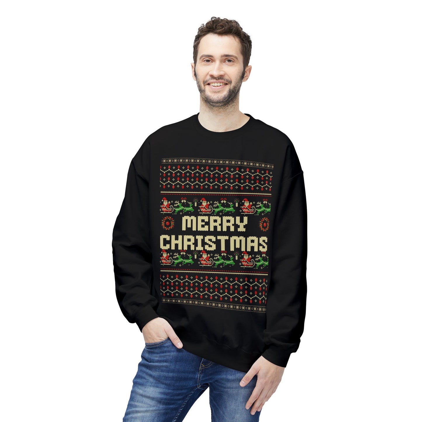 Merry Christmas Pixel Sweater – Retro Ugly Christmas Pullover | Santa & Reindeer Knit Style