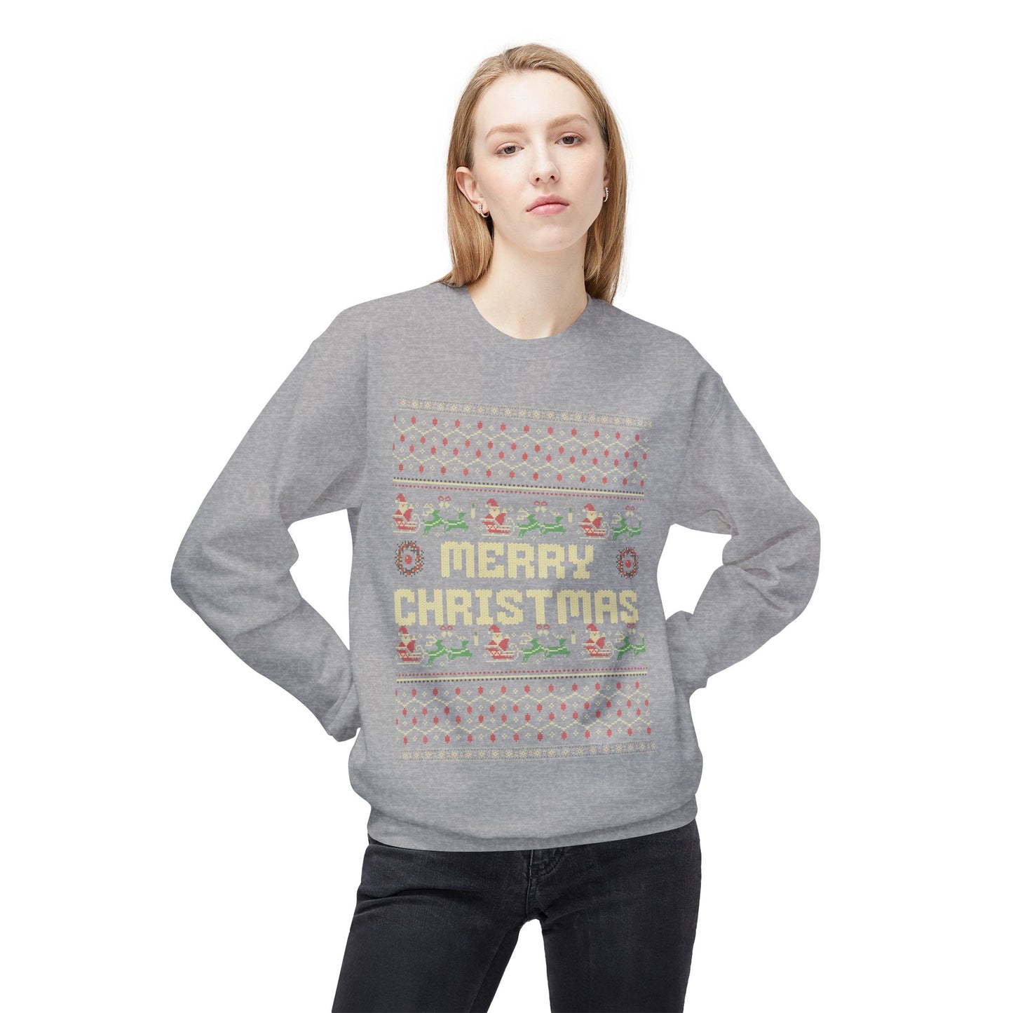 Merry Christmas Pixel Sweater – Retro Ugly Christmas Pullover | Santa & Reindeer Knit Style