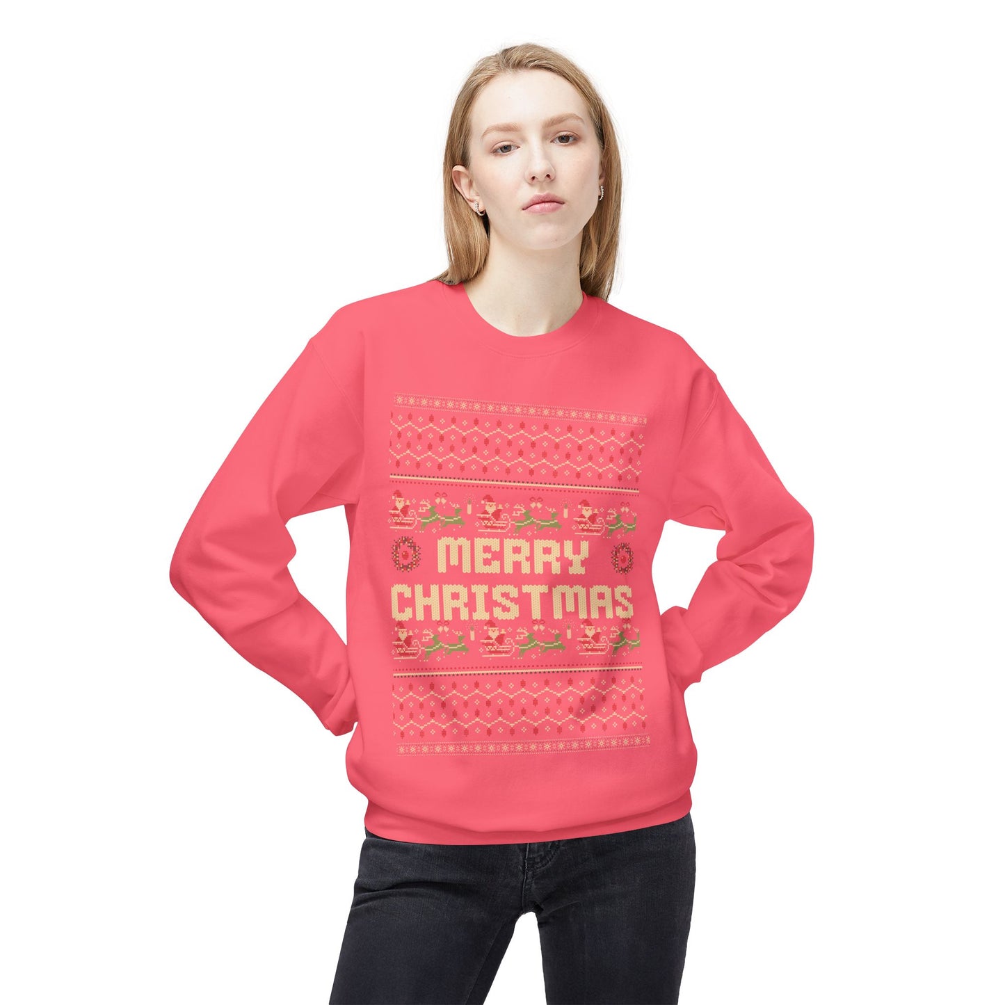 Merry Christmas Pixel Sweater – Retro Ugly Christmas Pullover | Santa & Reindeer Knit Style