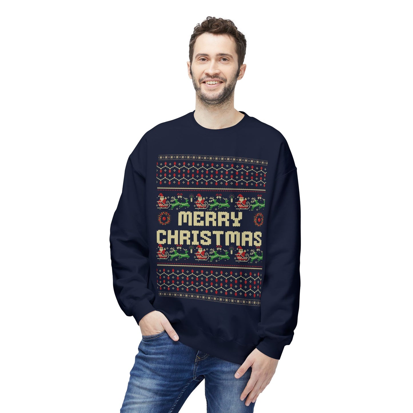 Merry Christmas Pixel Sweater – Retro Ugly Christmas Pullover | Santa & Reindeer Knit Style