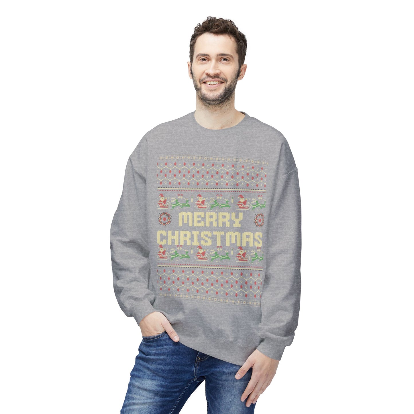 Merry Christmas Pixel Sweater – Retro Ugly Christmas Pullover | Santa & Reindeer Knit Style