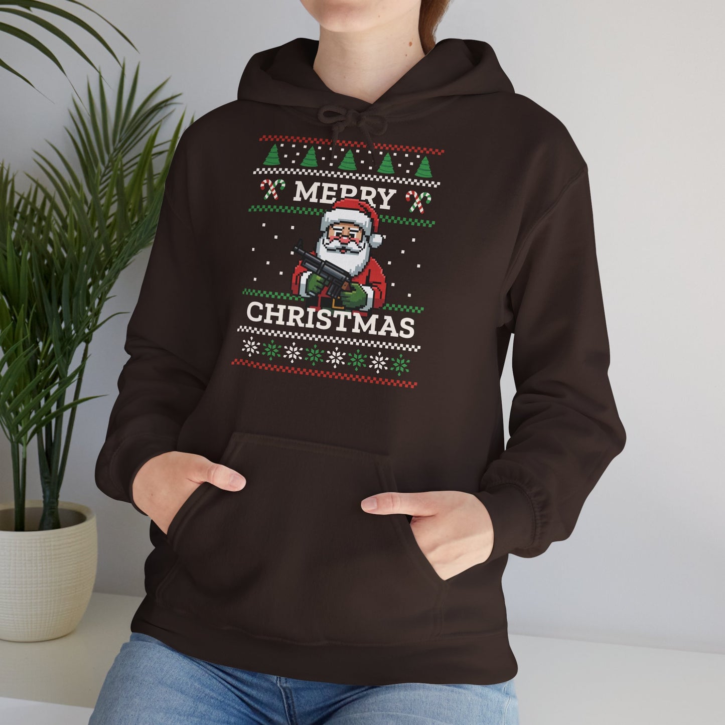 Pixel Santa Hoodie Merry Christmas Ugly Sweater Style Unisex Xmas Pullover Funny Holiday