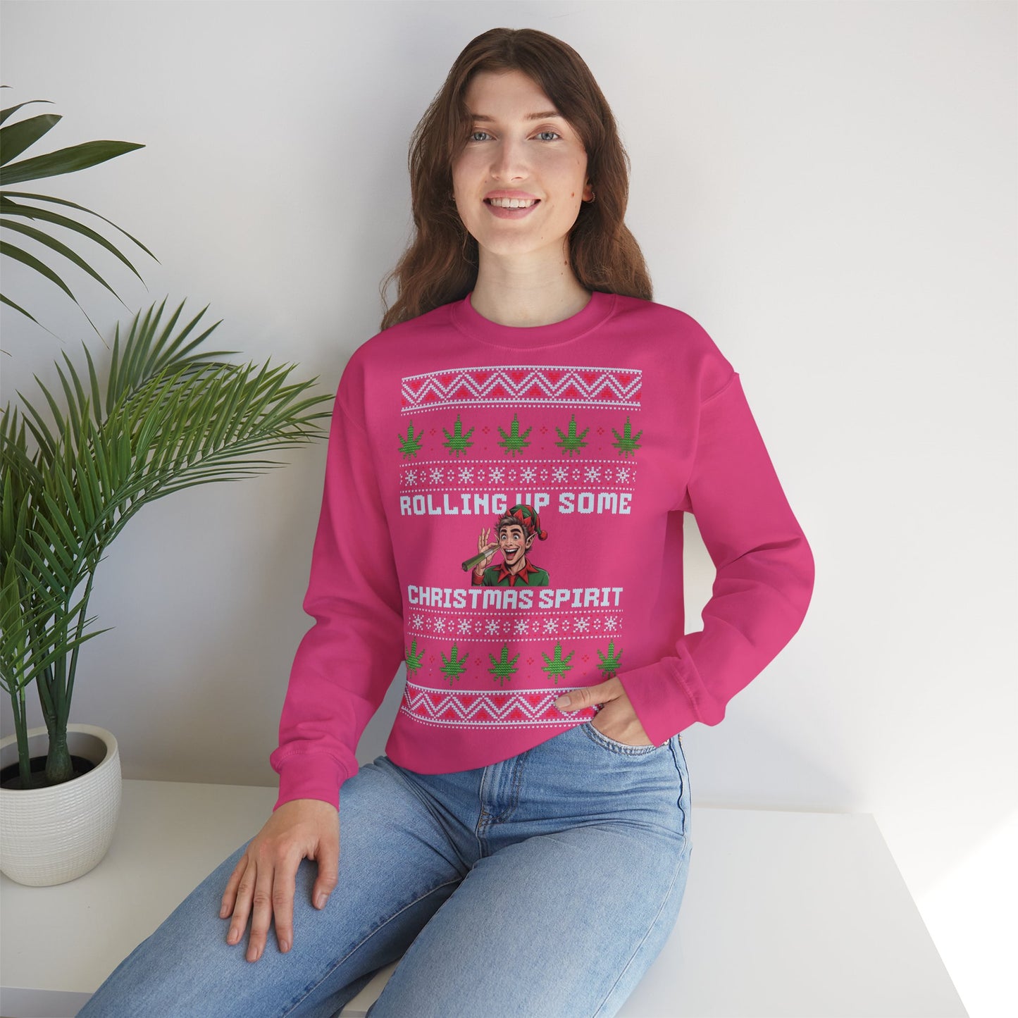 Rolling Up Some Christmas Spirit Sweater Funny Xmas Cannabis Ugly Sweater Style Unisex