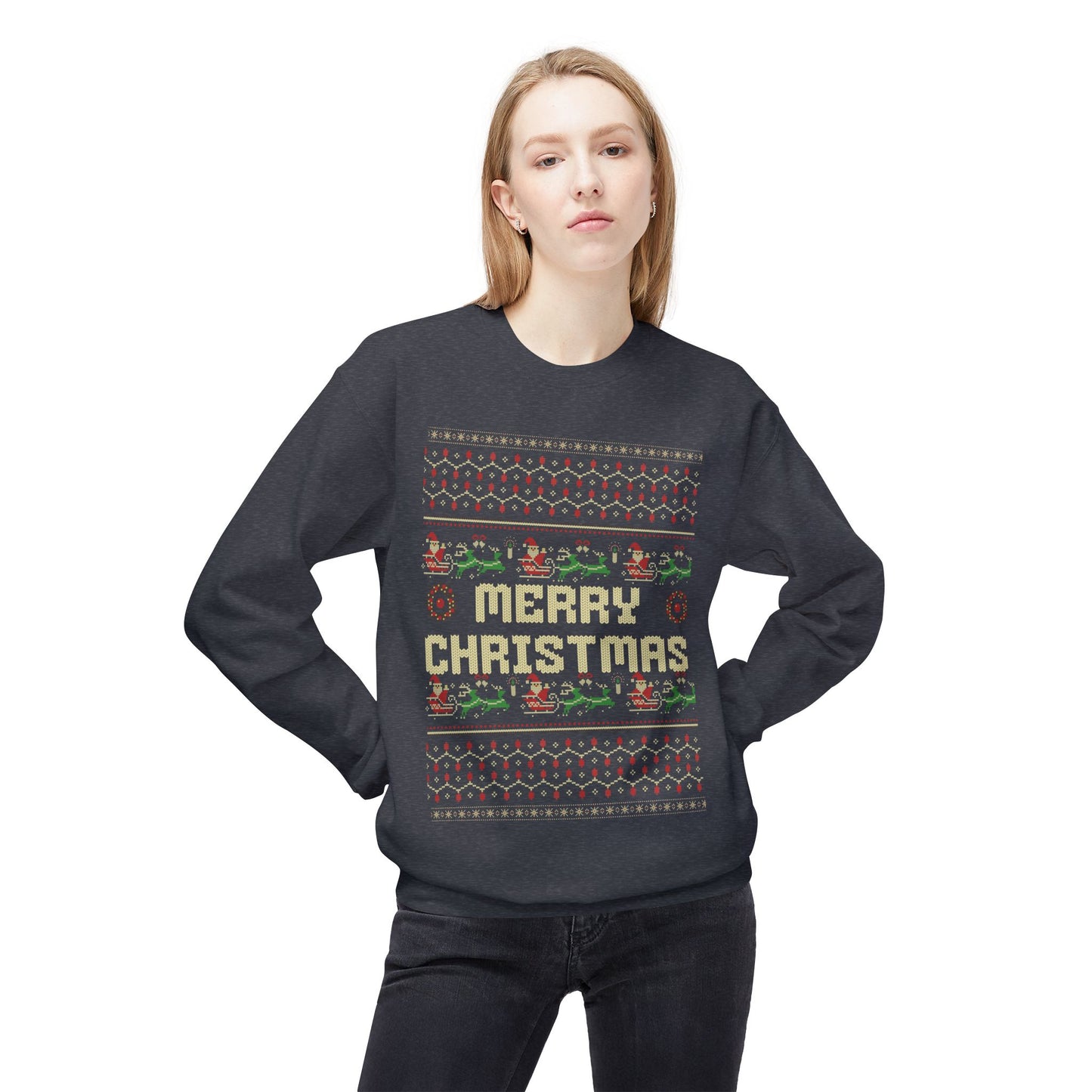 Merry Christmas Pixel Sweater – Retro Ugly Christmas Pullover | Santa & Reindeer Knit Style
