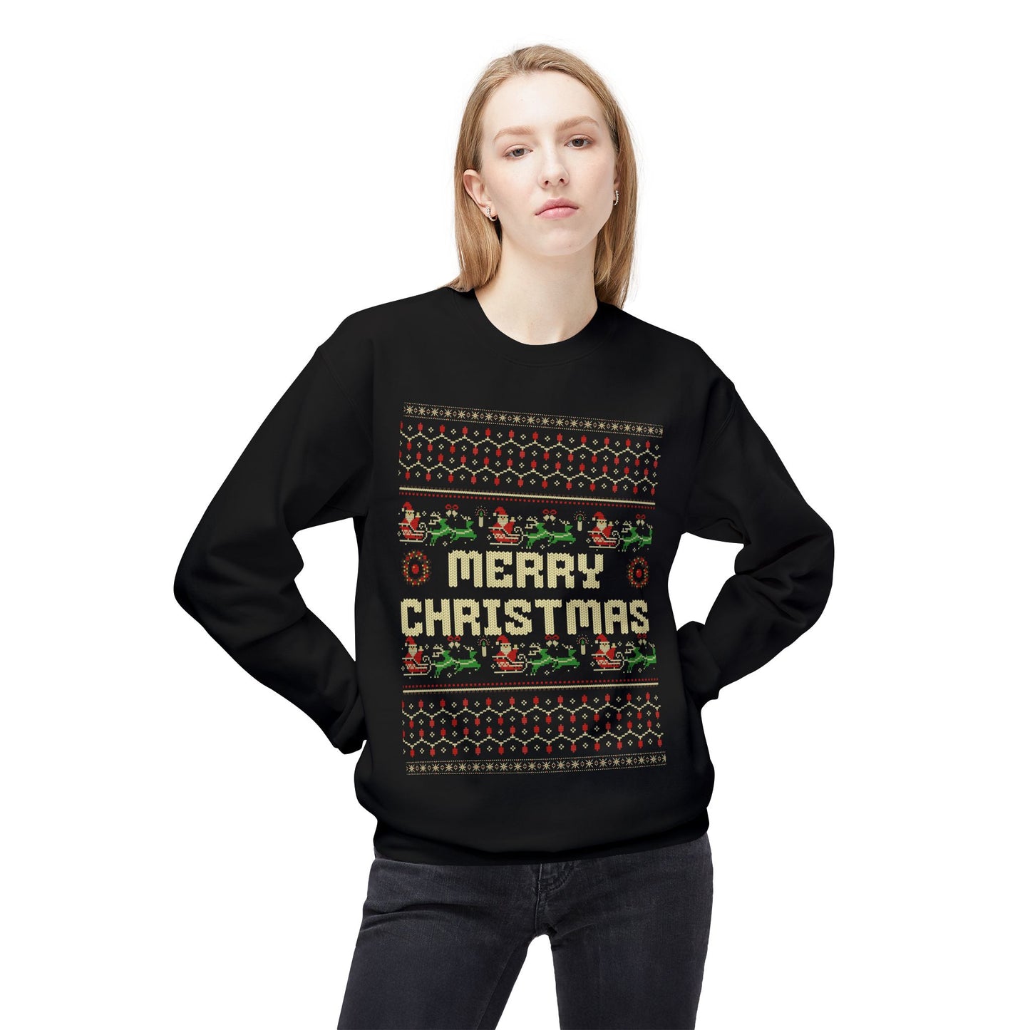 Merry Christmas Pixel Sweater – Retro Ugly Christmas Pullover | Santa & Reindeer Knit Style