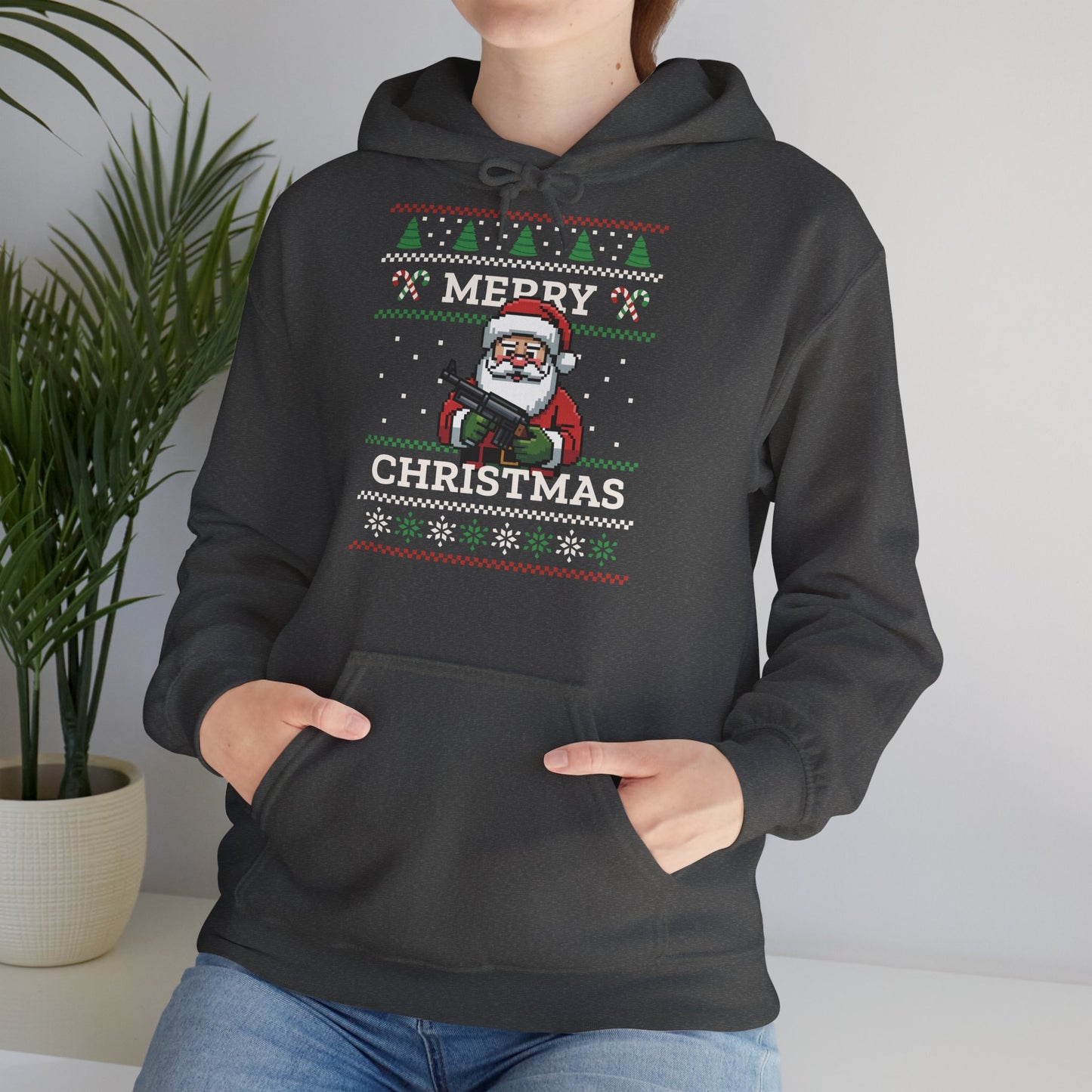 Pixel Santa Hoodie Merry Christmas Ugly Sweater Style Unisex Xmas Pullover Funny Holiday