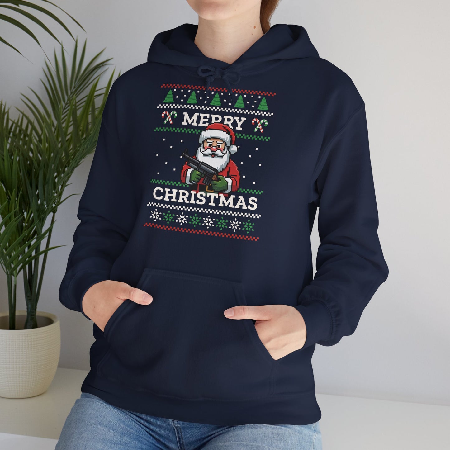 Pixel Santa Hoodie Merry Christmas Ugly Sweater Style Unisex Xmas Pullover Funny Holiday
