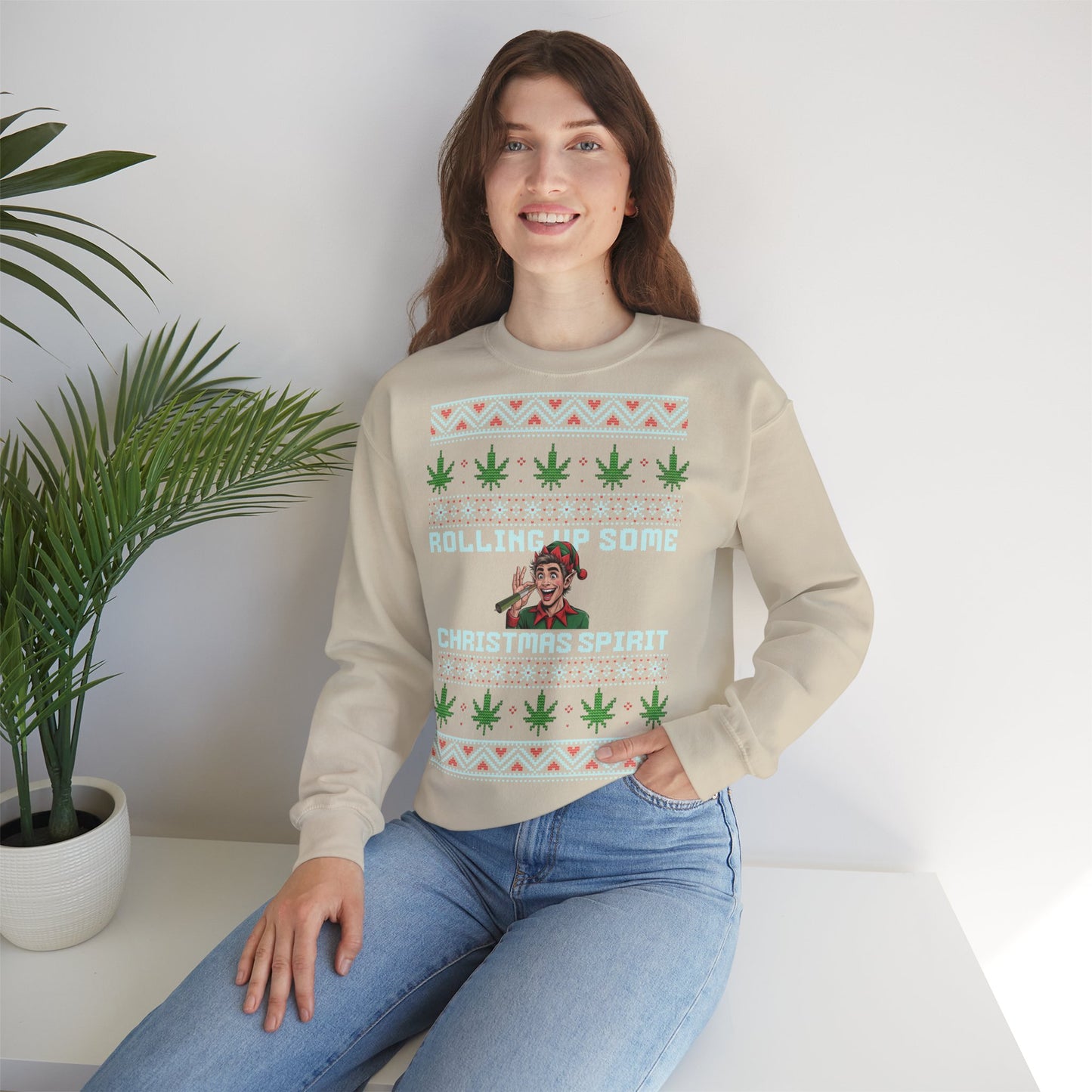 Rolling Up Some Christmas Spirit Sweater Funny Xmas Cannabis Ugly Sweater Style Unisex