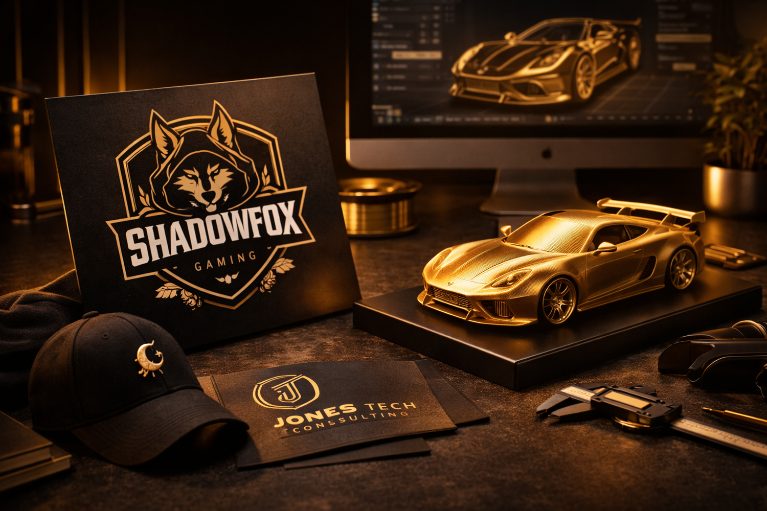 Individuelle FlexJuls Custom-Designs und 3D-Druckmodelle – professionelle Logoentwicklung, Branding und maßgeschneiderte Modelle im exklusiven Schwarz-Gold-Stil
