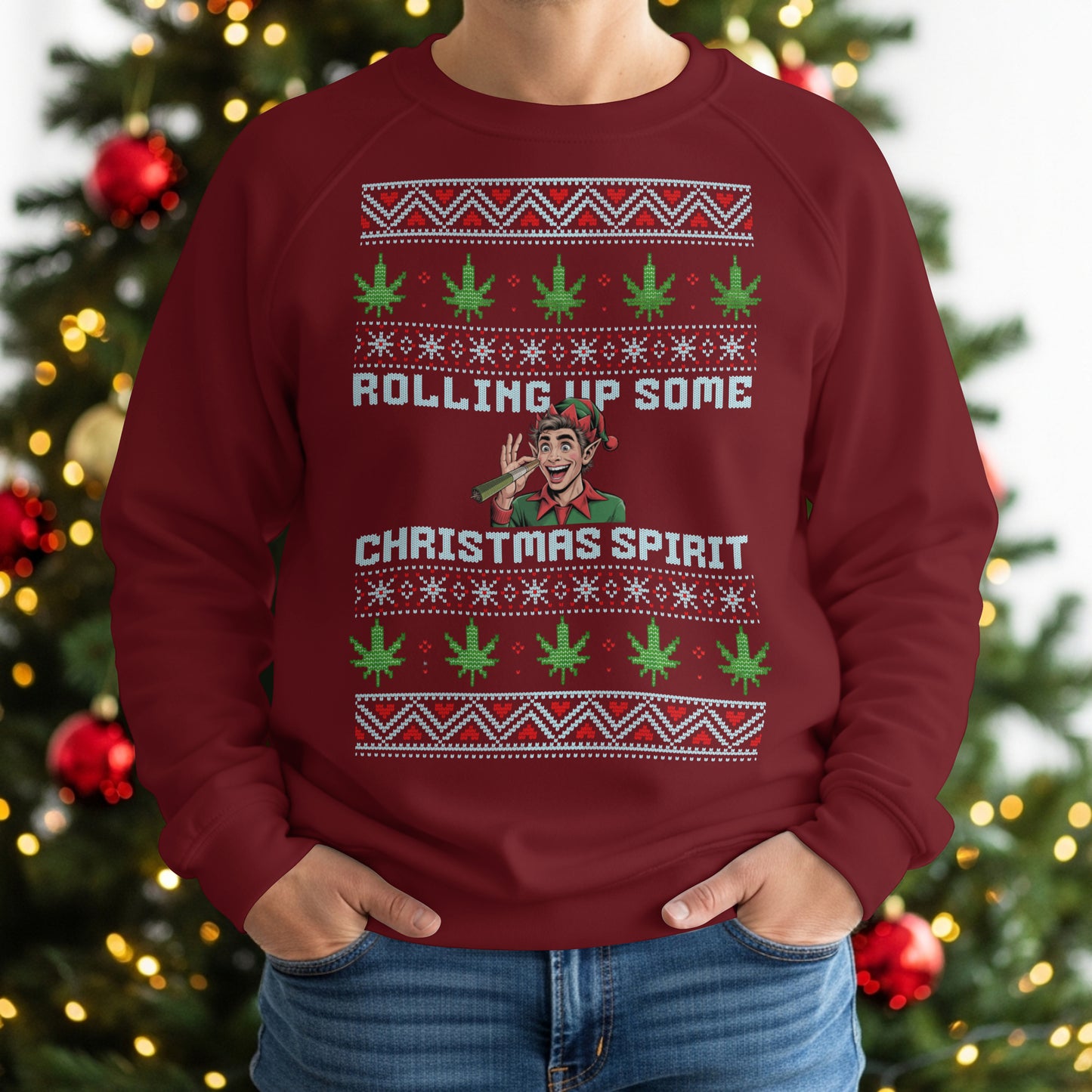 Rolling Up Some Christmas Spirit Sweater Funny Xmas Cannabis Ugly Sweater Style Unisex