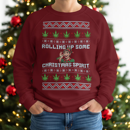 Rolling Up Some Christmas Spirit Sweater Funny Xmas Cannabis Ugly Sweater Style Unisex
