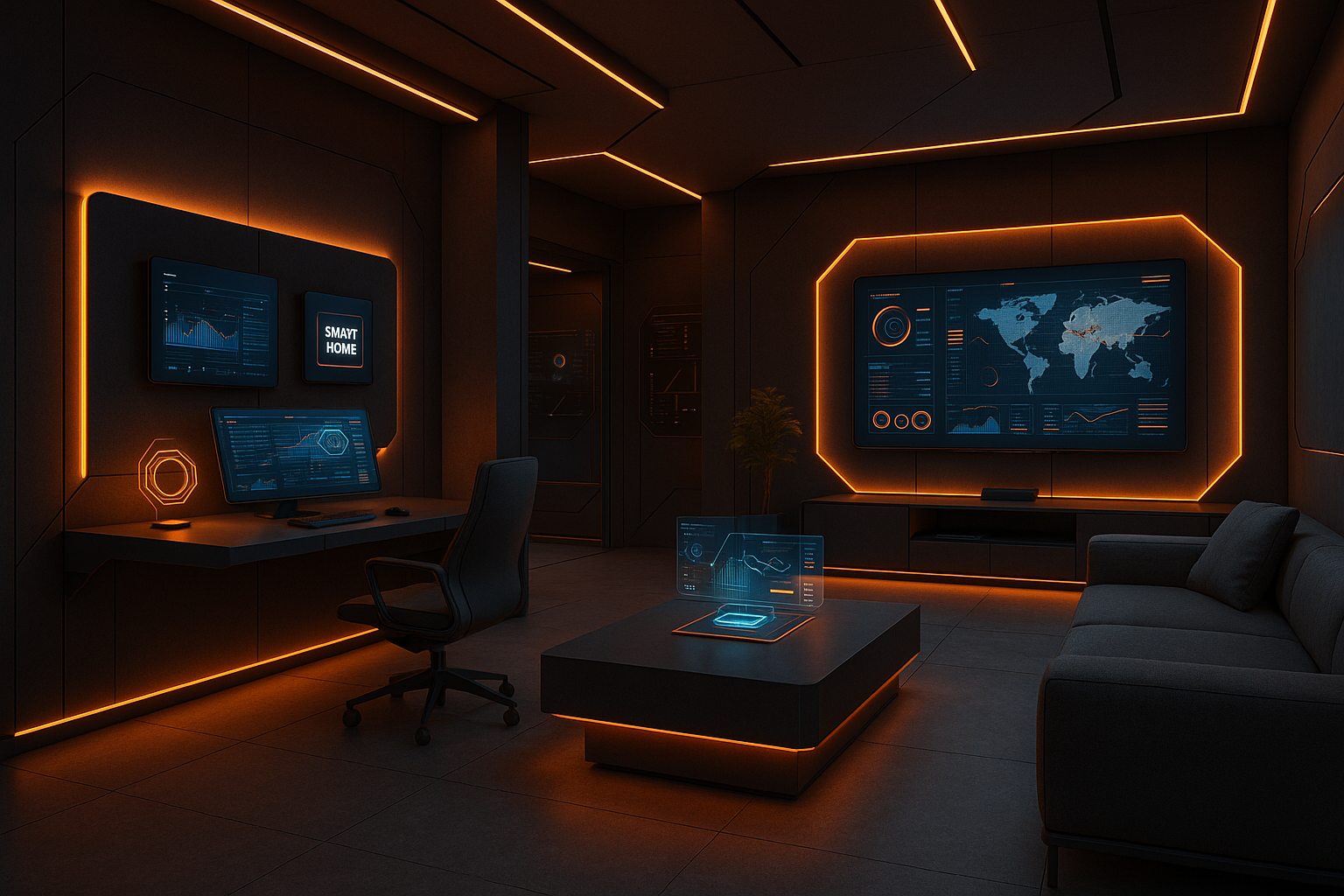 futuristisches zuhause mit tech stil in antharzit, orange und grauem farbton mit einem einspiel von business, lifestyle und technik