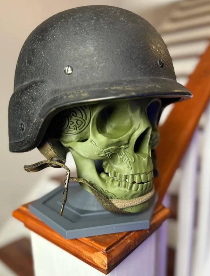 Ornate Skull Helmet and Gear Stand STL – 3D Printable Display for Military, Cosplay, Airsoft & Paintball
