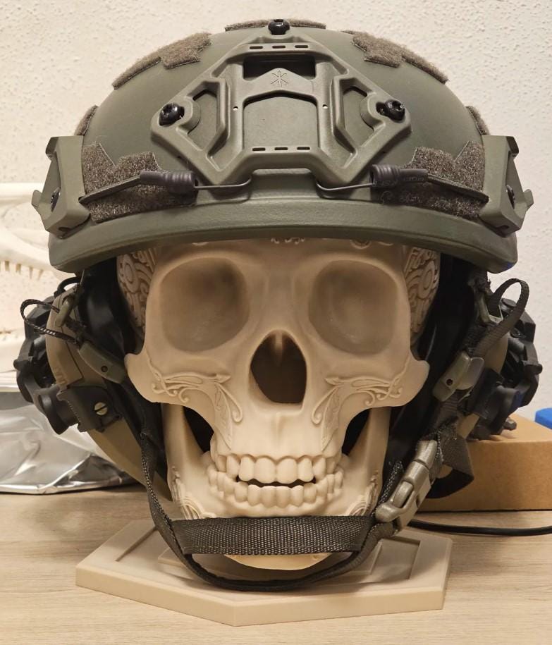 Ornate Skull Helmet and Gear Stand STL – 3D Printable Display for Military, Cosplay, Airsoft & Paintball