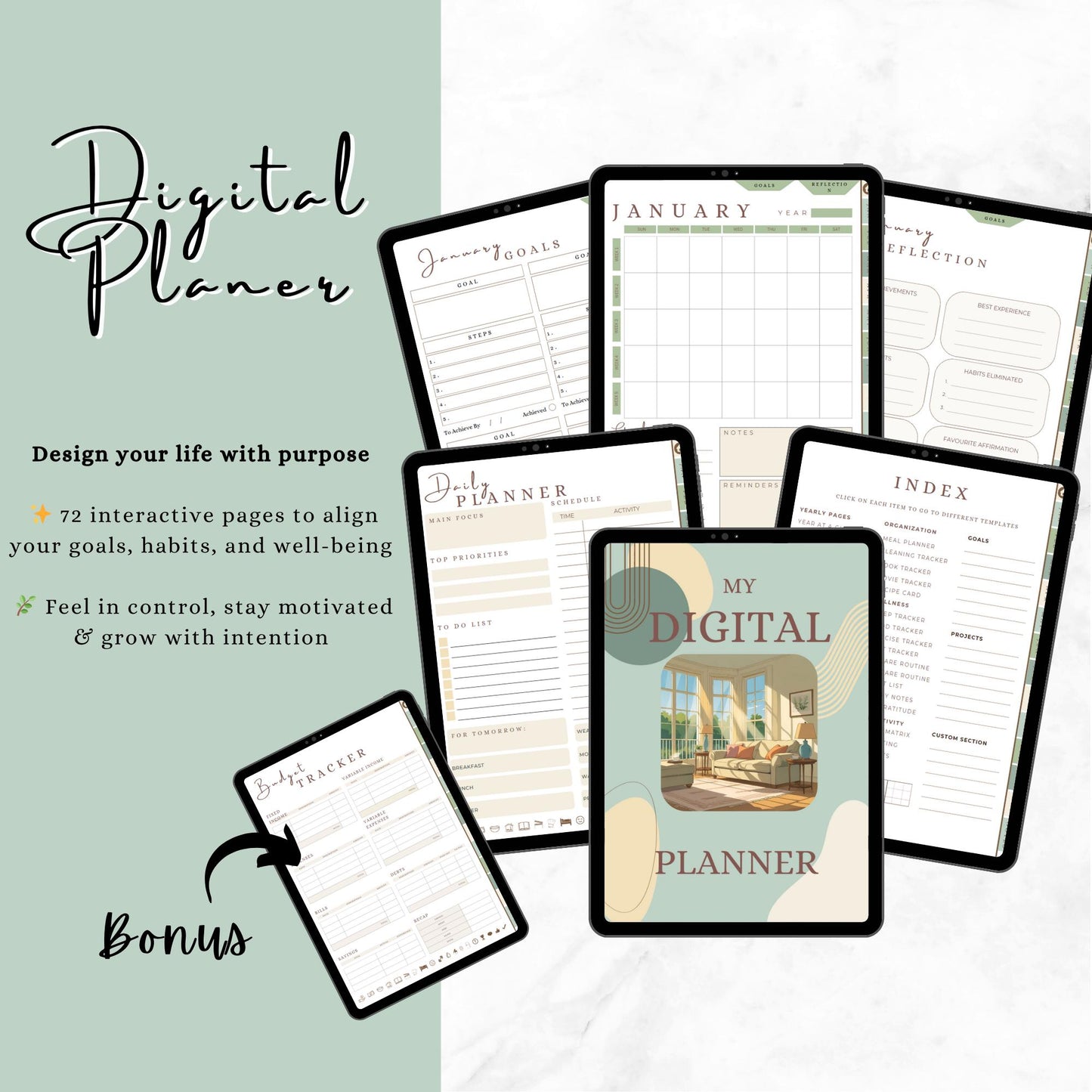 Undatiert 72‑Seiten Life und Weekly Digital Planner PDF – interaktiv & wieder verwendbar für GoodNotes, Notability auf iPad und Tablet 2026