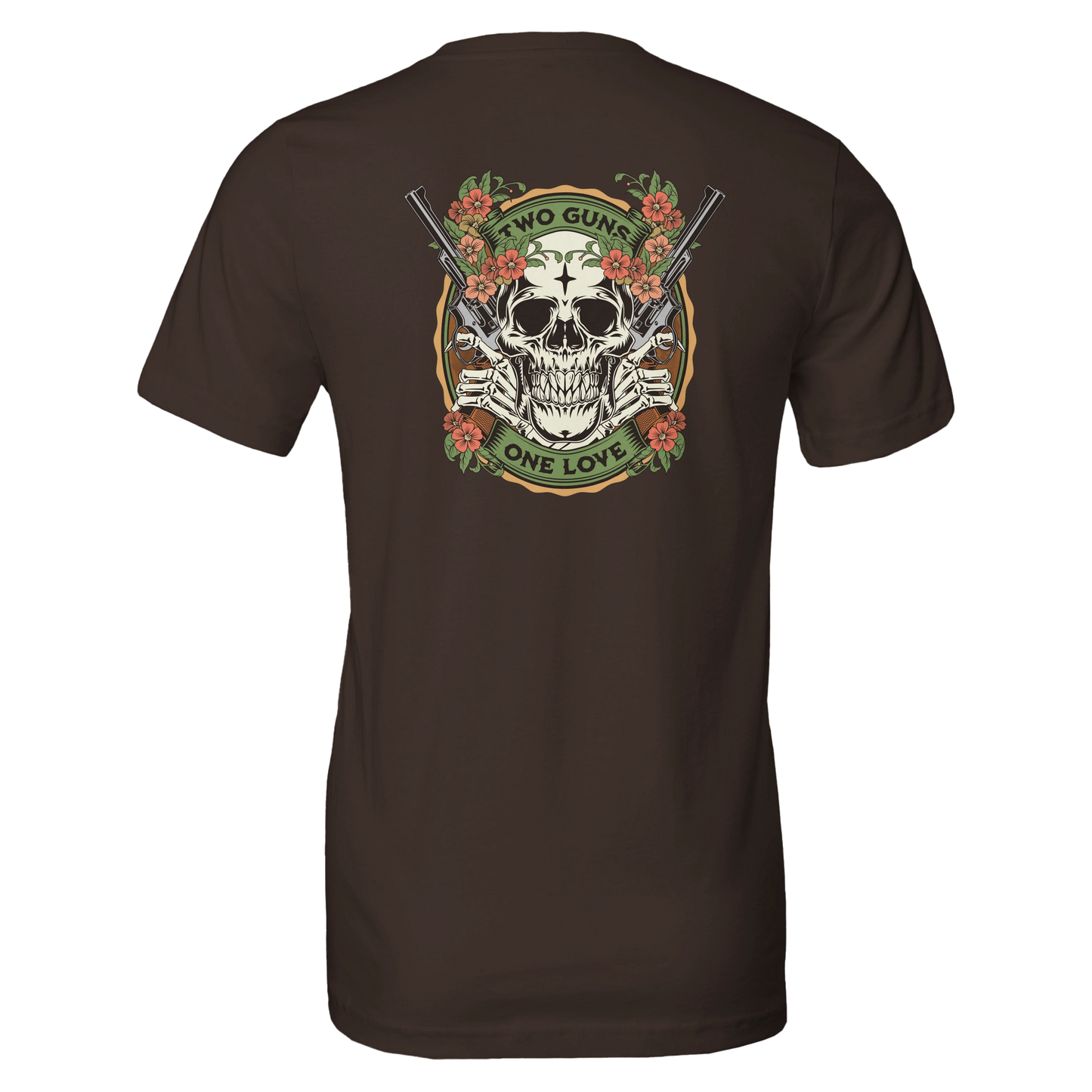 Two Guns One Love Skull T-Shirt – Floral Vintage Tattoo Art, Edgy Graphic Tee