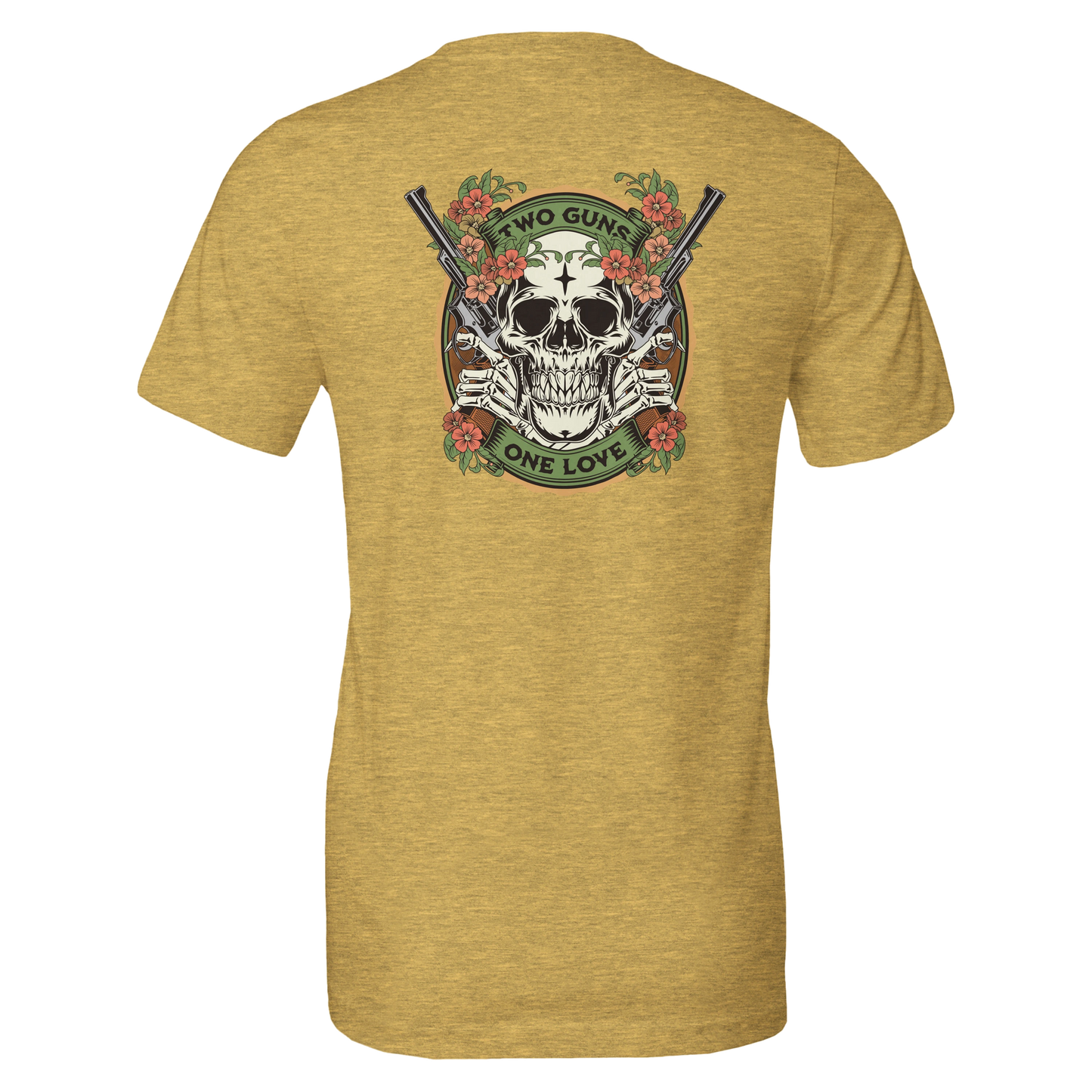 Two Guns One Love Skull T-Shirt – Floral Vintage Tattoo Art, Edgy Graphic Tee