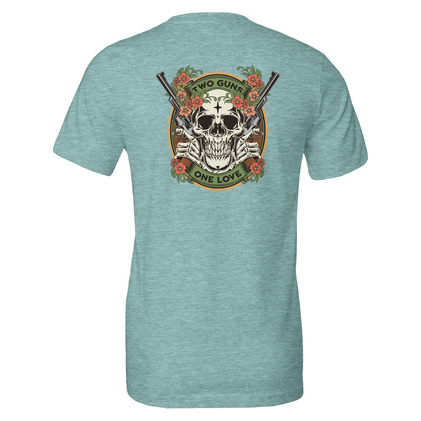 Two Guns One Love Skull T-Shirt – Floral Vintage Tattoo Art, Edgy Graphic Tee