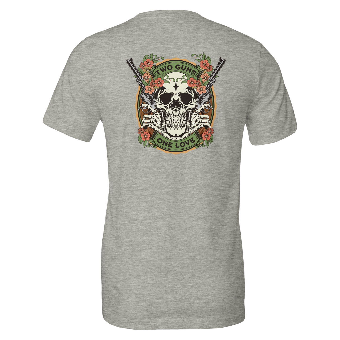 Two Guns One Love Skull T-Shirt – Floral Vintage Tattoo Art, Edgy Graphic Tee
