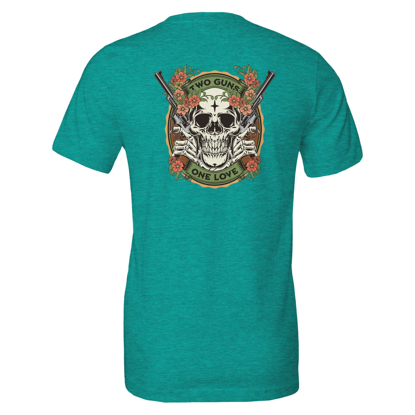Two Guns One Love Skull T-Shirt – Floral Vintage Tattoo Art, Edgy Graphic Tee