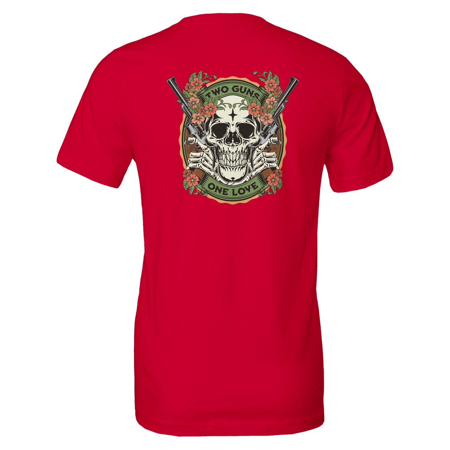 Two Guns One Love Skull T-Shirt – Floral Vintage Tattoo Art, Edgy Graphic Tee
