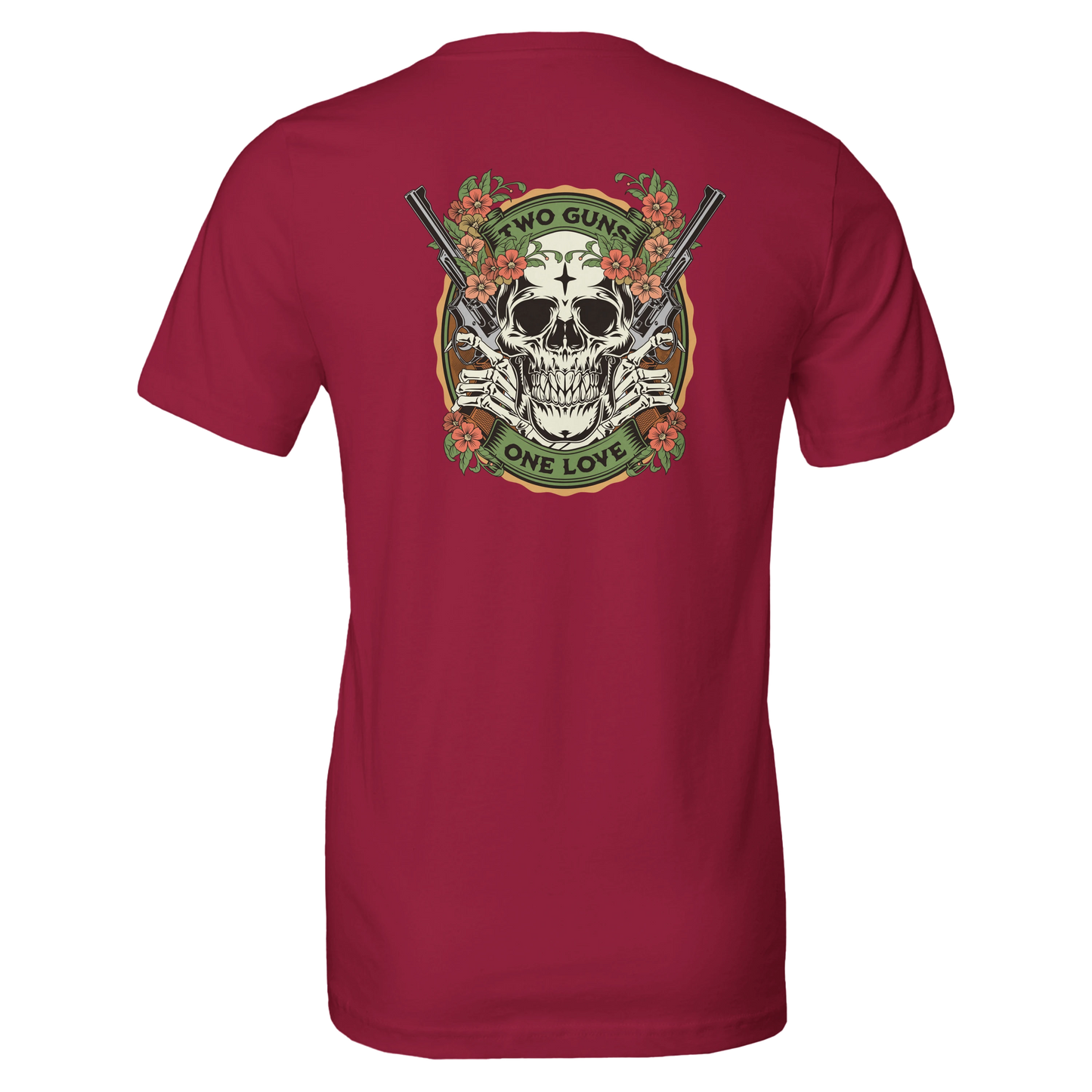 Two Guns One Love Skull T-Shirt – Floral Vintage Tattoo Art, Edgy Graphic Tee