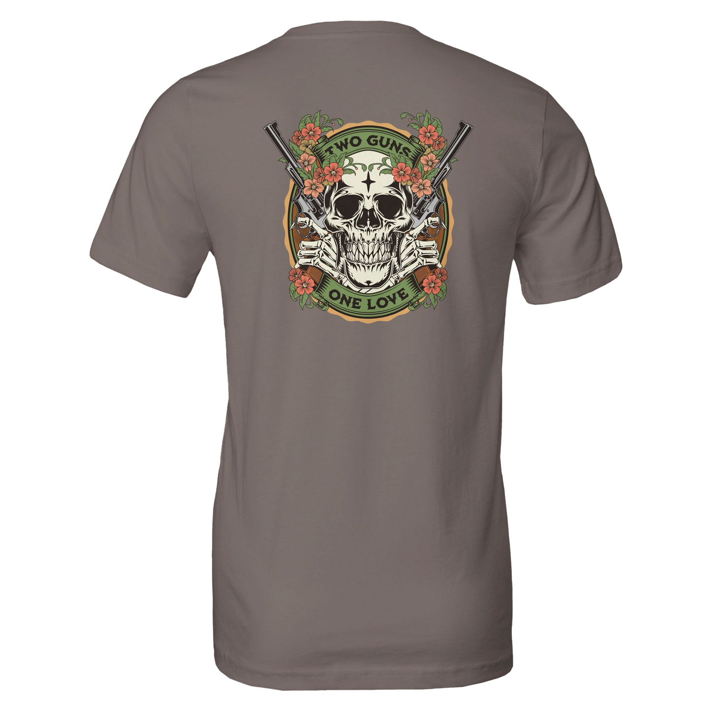 Two Guns One Love Skull T-Shirt – Floral Vintage Tattoo Art, Edgy Graphic Tee