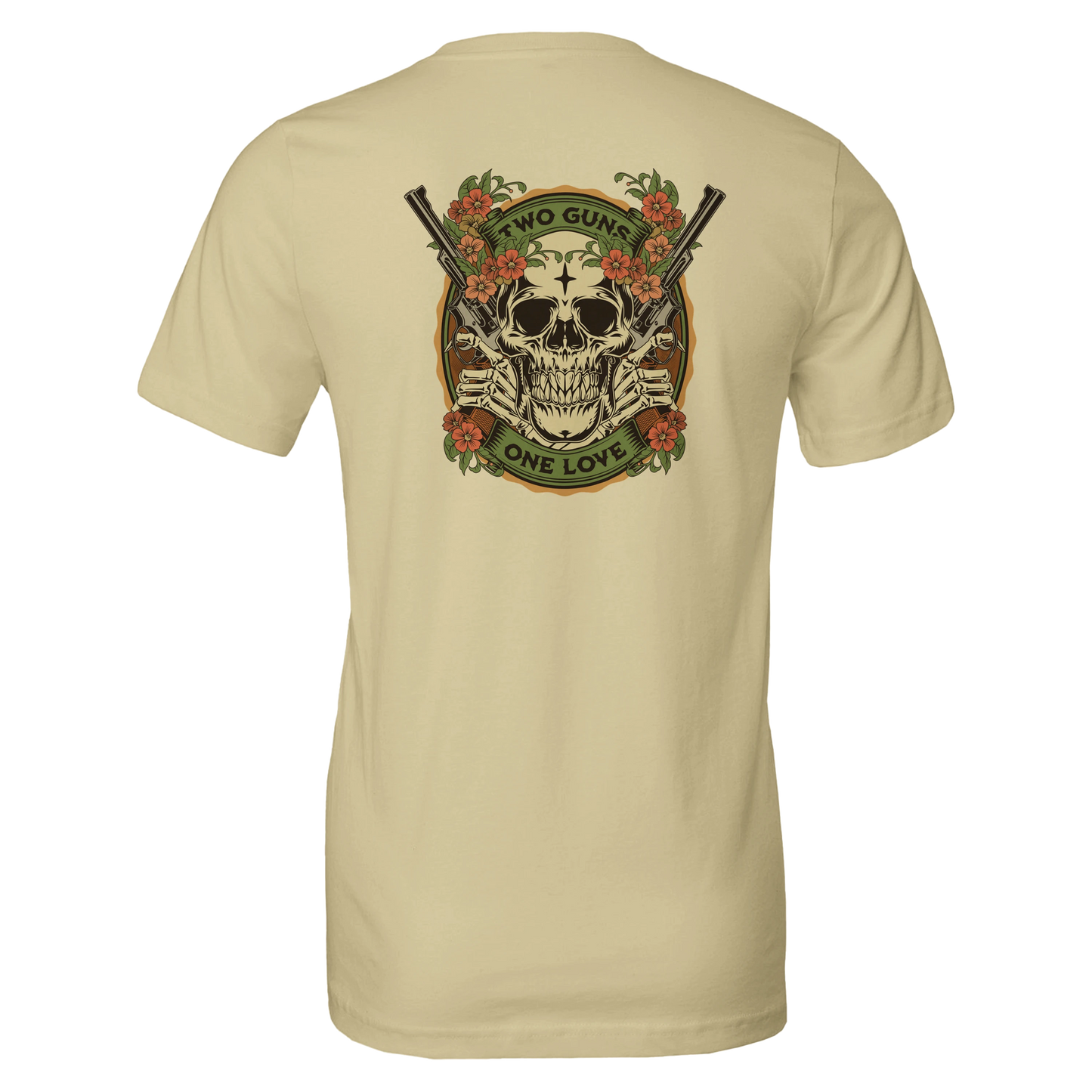 Two Guns One Love Skull T-Shirt – Floral Vintage Tattoo Art, Edgy Graphic Tee