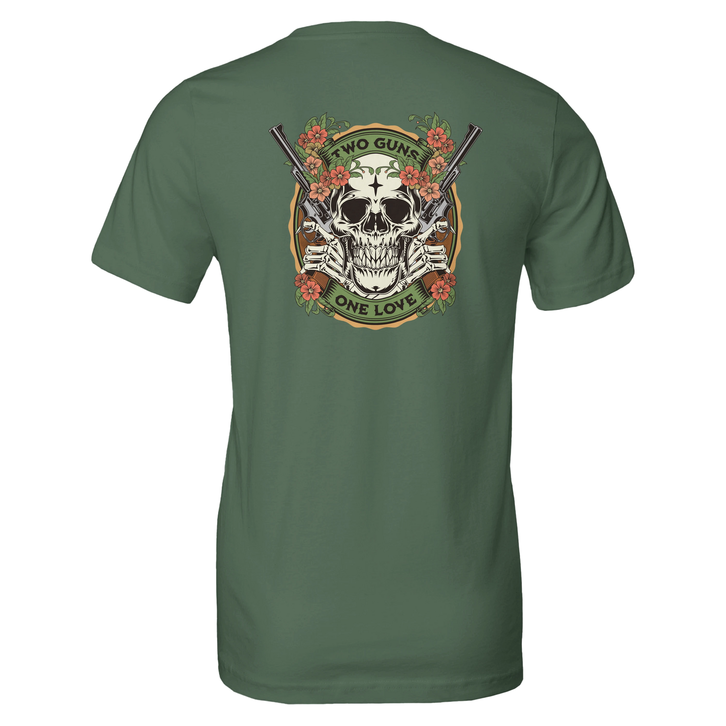 Two Guns One Love Skull T-Shirt – Floral Vintage Tattoo Art, Edgy Graphic Tee