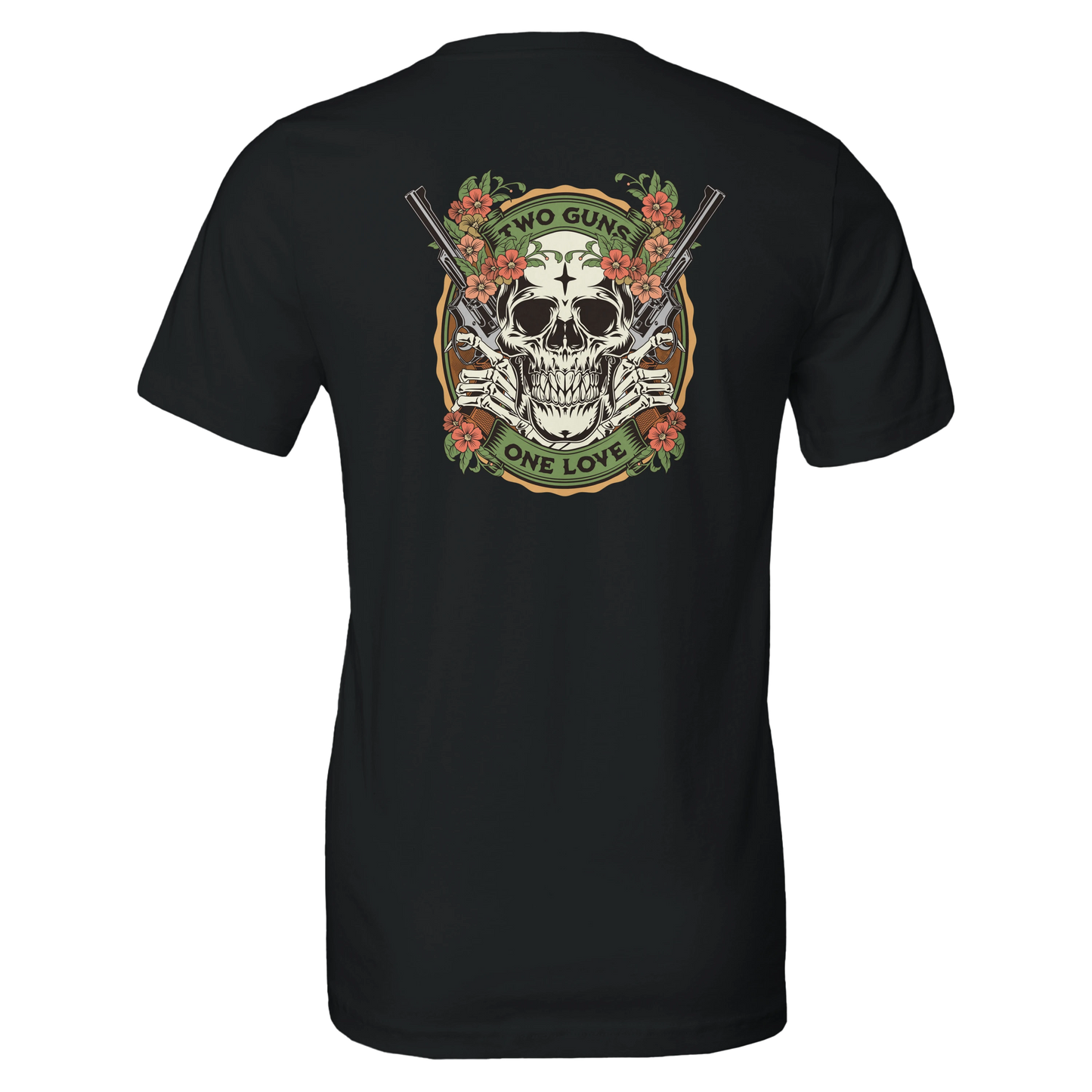 Two Guns One Love Skull T-Shirt – Floral Vintage Tattoo Art, Edgy Graphic Tee