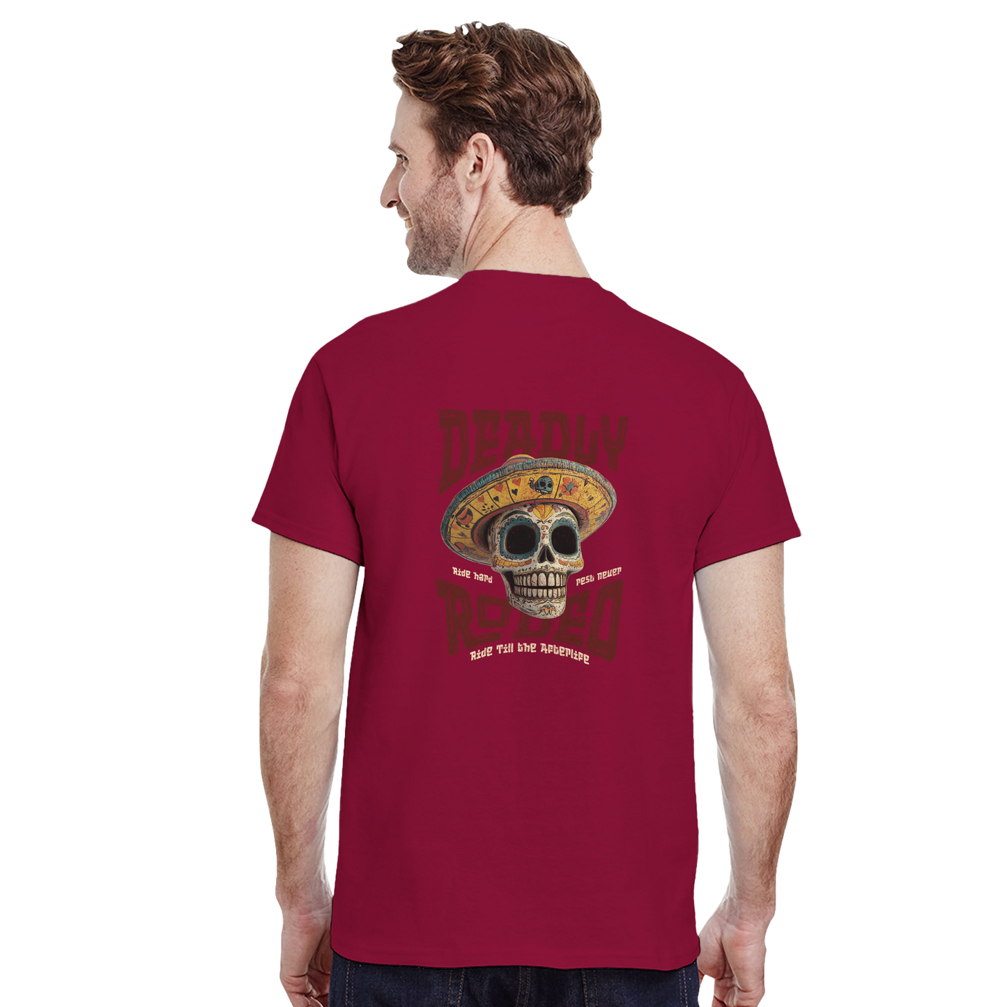 Deadly Rodeo T-Shirt – Skull Sombrero Western Graphic Tee | Ride Hard Afterlife Shirt