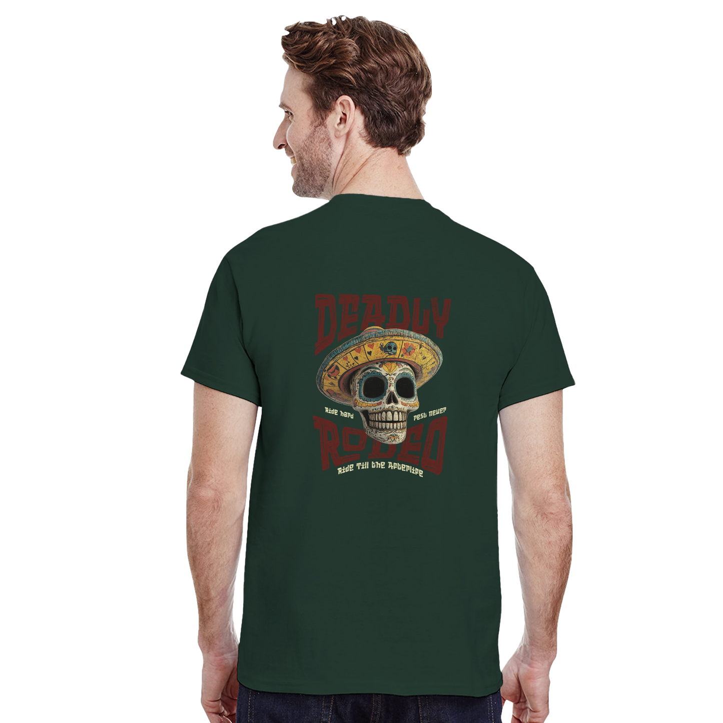 Deadly Rodeo T-Shirt – Skull Sombrero Western Graphic Tee | Ride Hard Afterlife Shirt