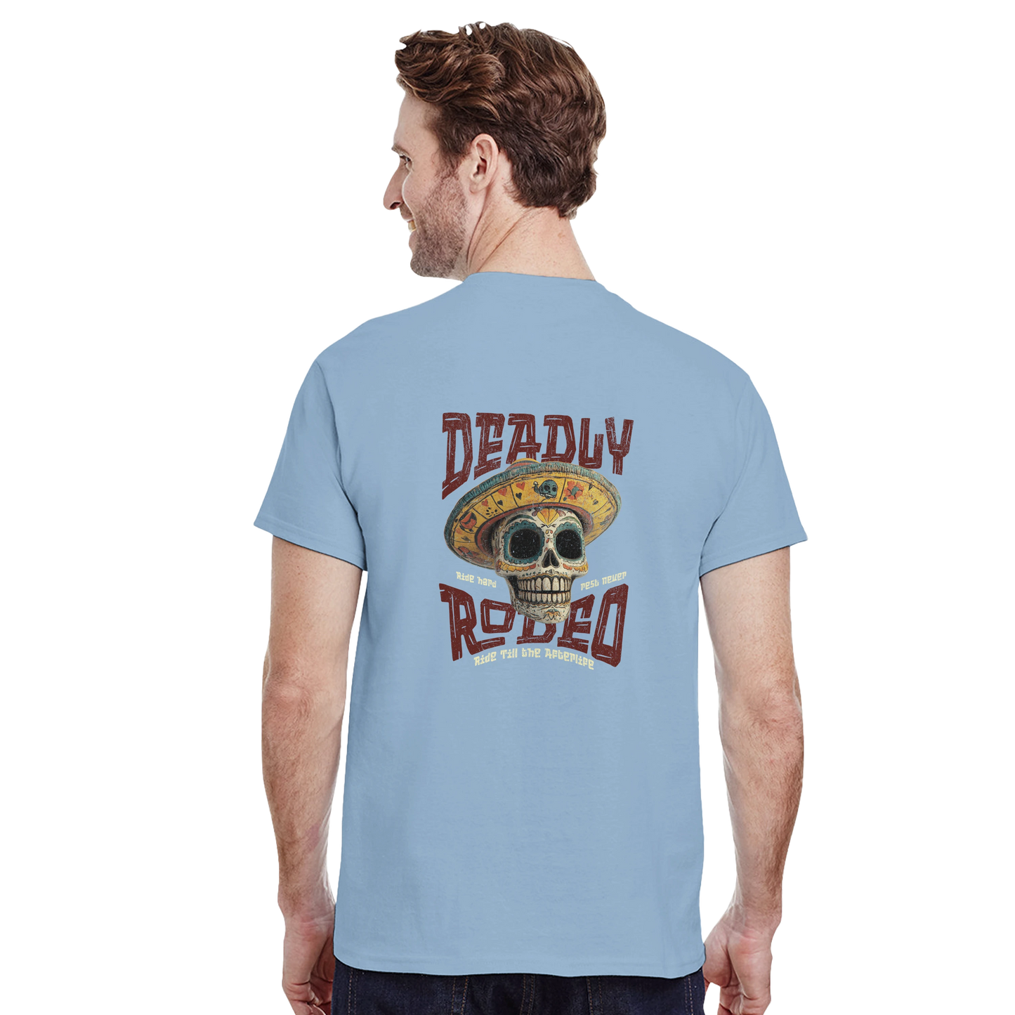 Deadly Rodeo T-Shirt – Skull Sombrero Western Graphic Tee | Ride Hard Afterlife Shirt
