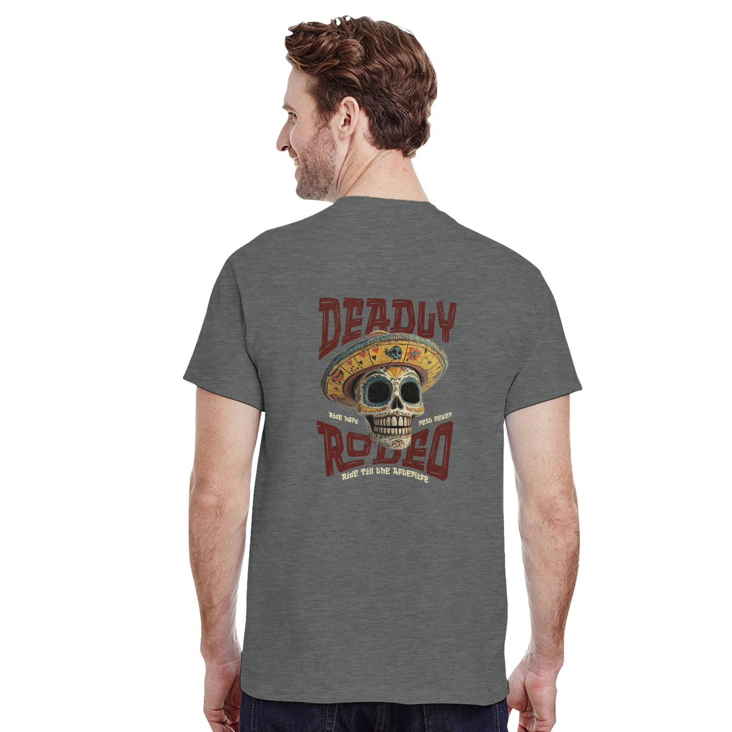 Deadly Rodeo T-Shirt – Skull Sombrero Western Graphic Tee | Ride Hard Afterlife Shirt