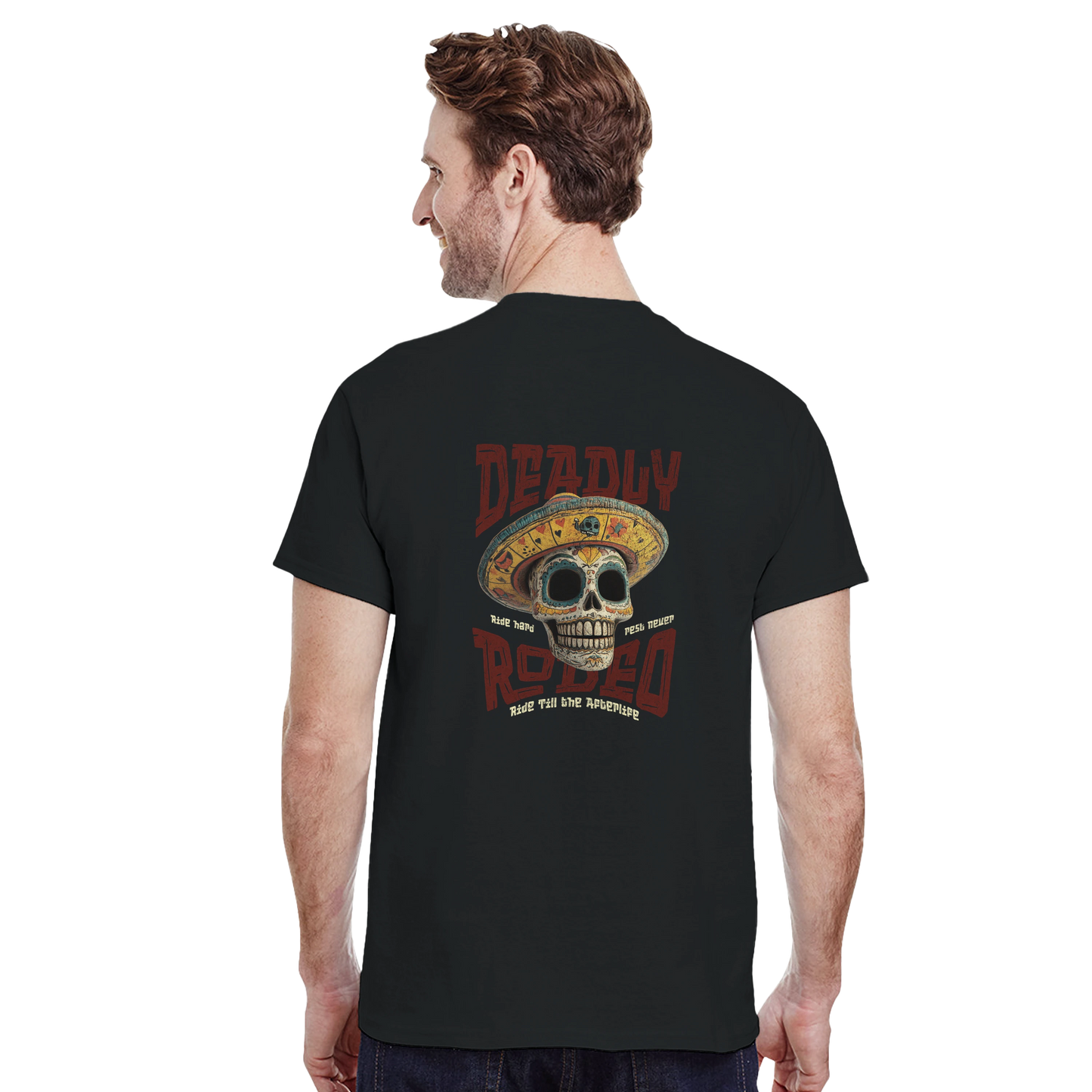Deadly Rodeo T-Shirt – Skull Sombrero Western Graphic Tee | Ride Hard Afterlife Shirt